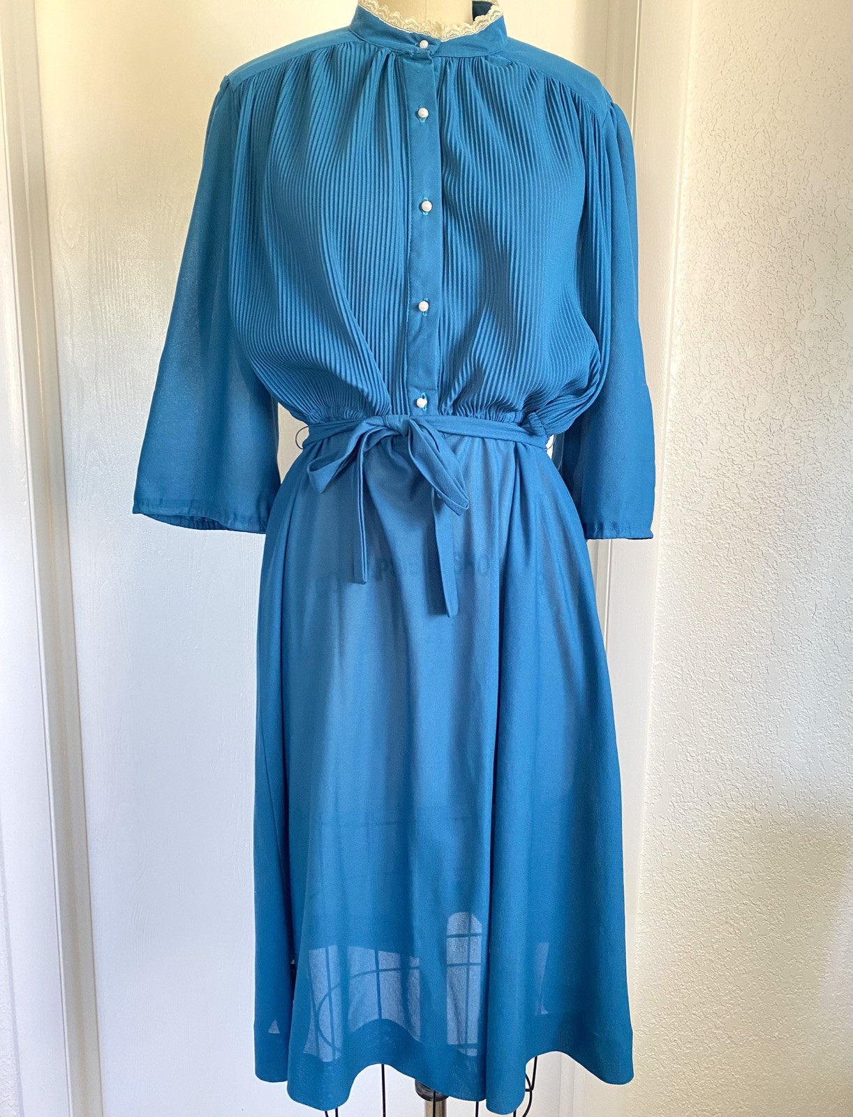 Vtg Miss Oops CA Teal Secretary Blouson Dress w Lace Accent Size L READ