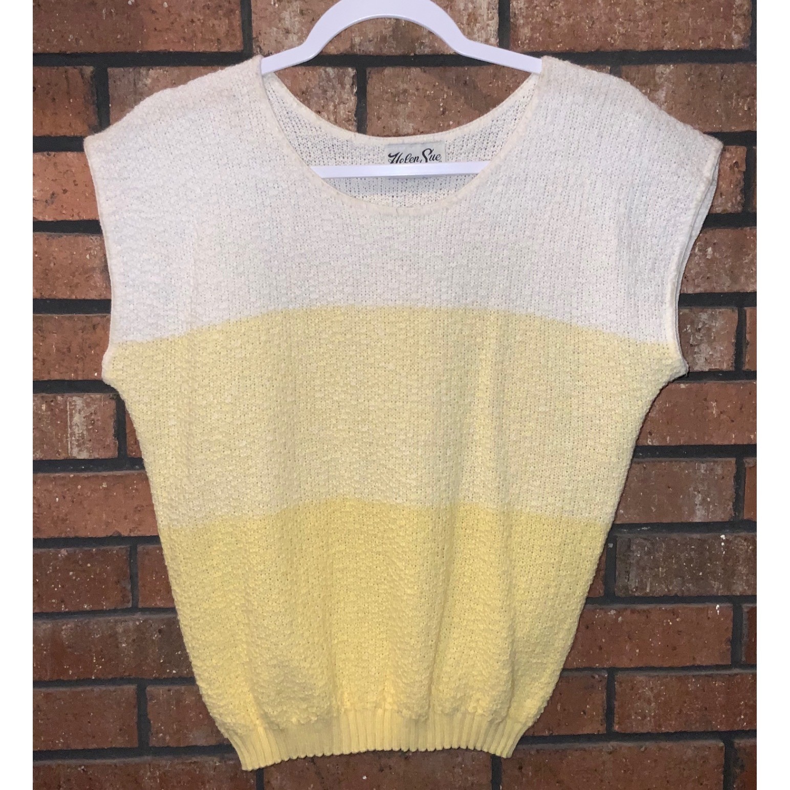Vintage Helen Sue Sleeveless Knit Sweater Vest Color Block Yellow White USA Made