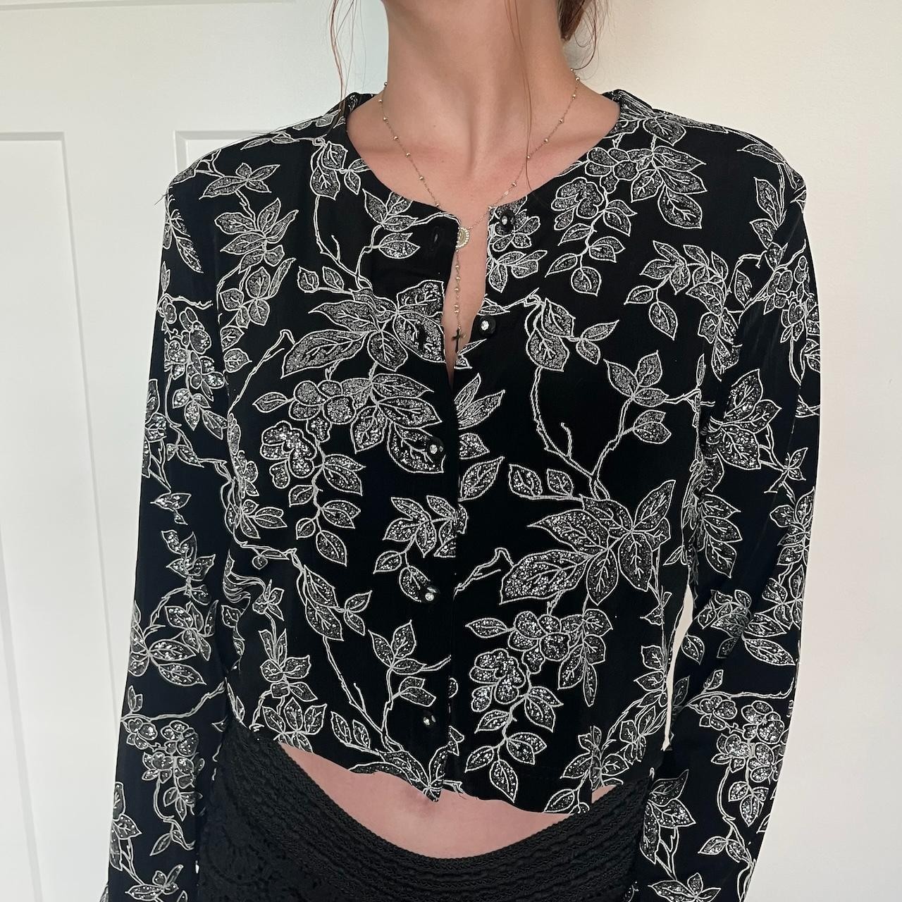 Vintage 90s Ronni Nicole Cardigan Womens Size 8 Black Silver Floral Patterned