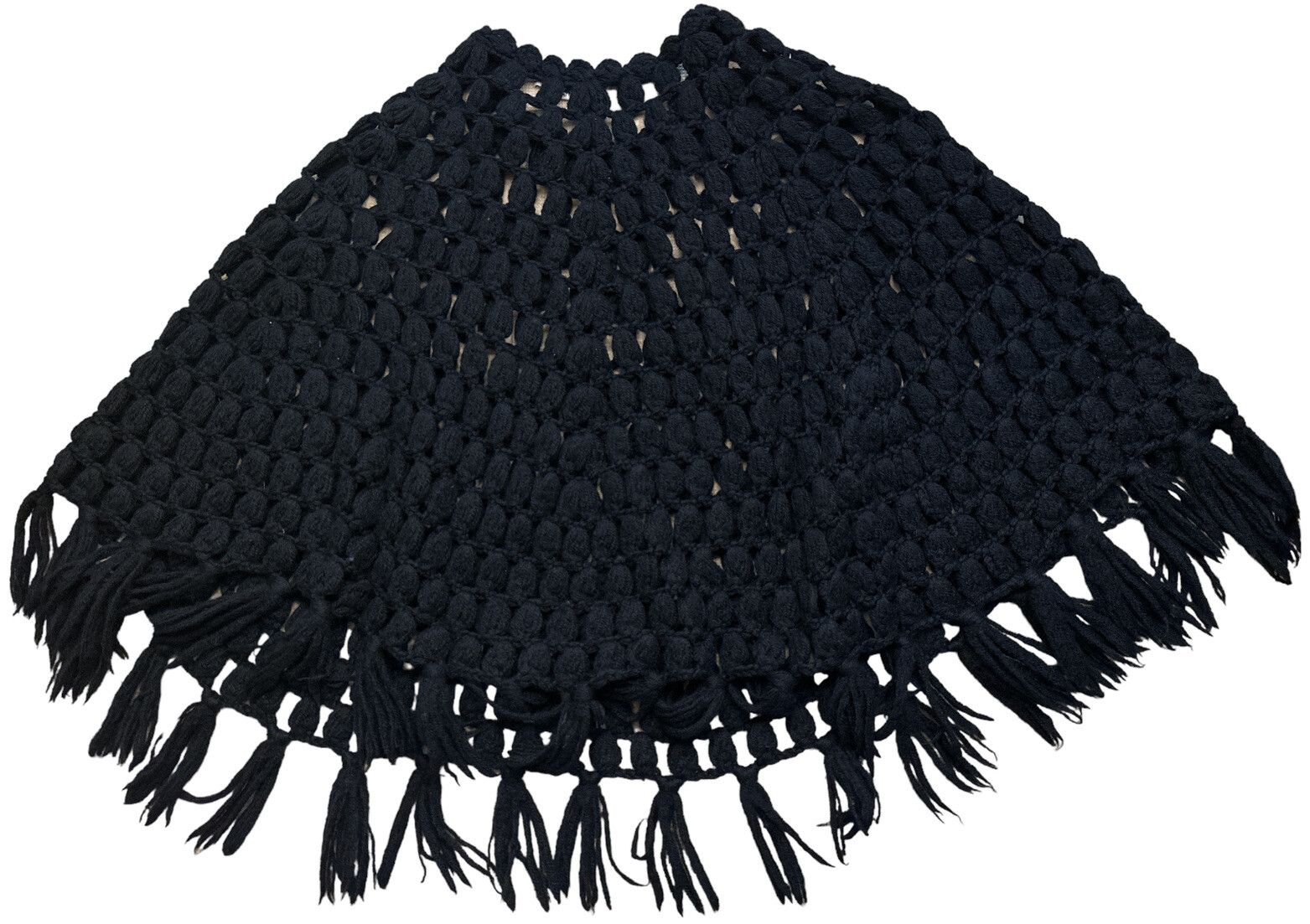 Vtg 60s Winkelman’s 100% Wool Thick Crochet Shawl Poncho Fringe Afghan Black