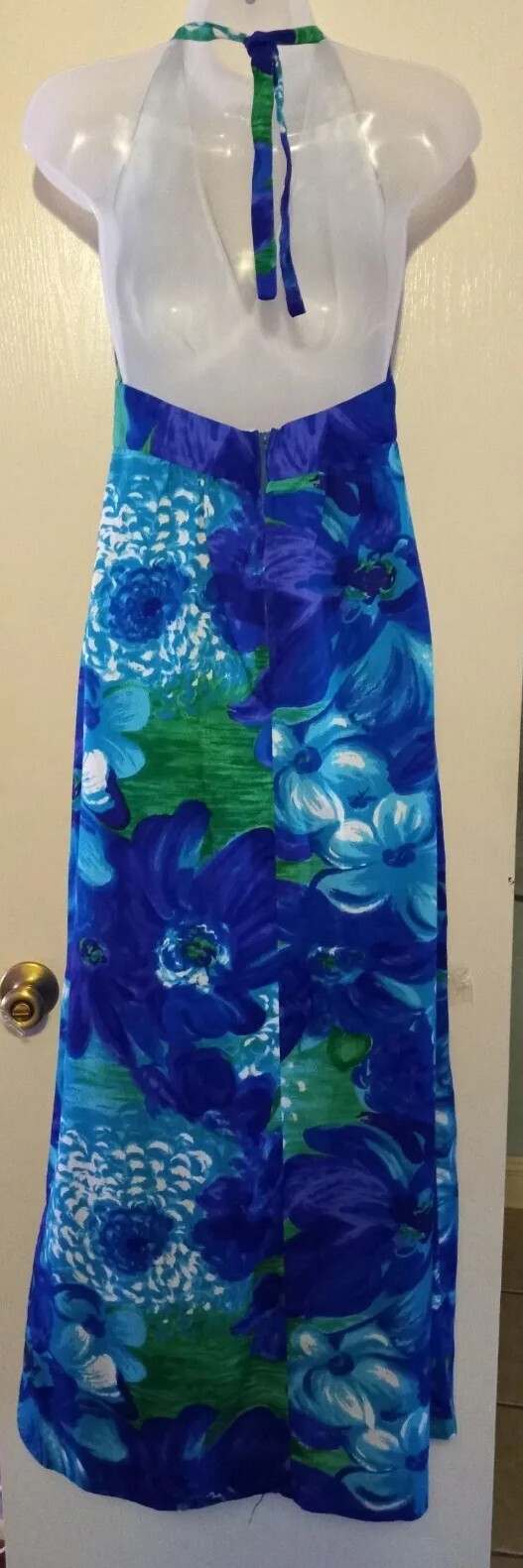 Vintage 60s Hale Aloha Tiki Oasis Hawaiian Blue Floral Barkcloth Halter Dress XS