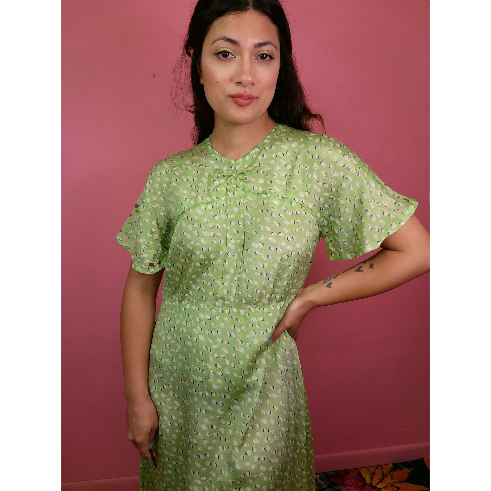 Vintage 1930’s to 1940’s Lime Green Novelty Print Polka Dot Dress