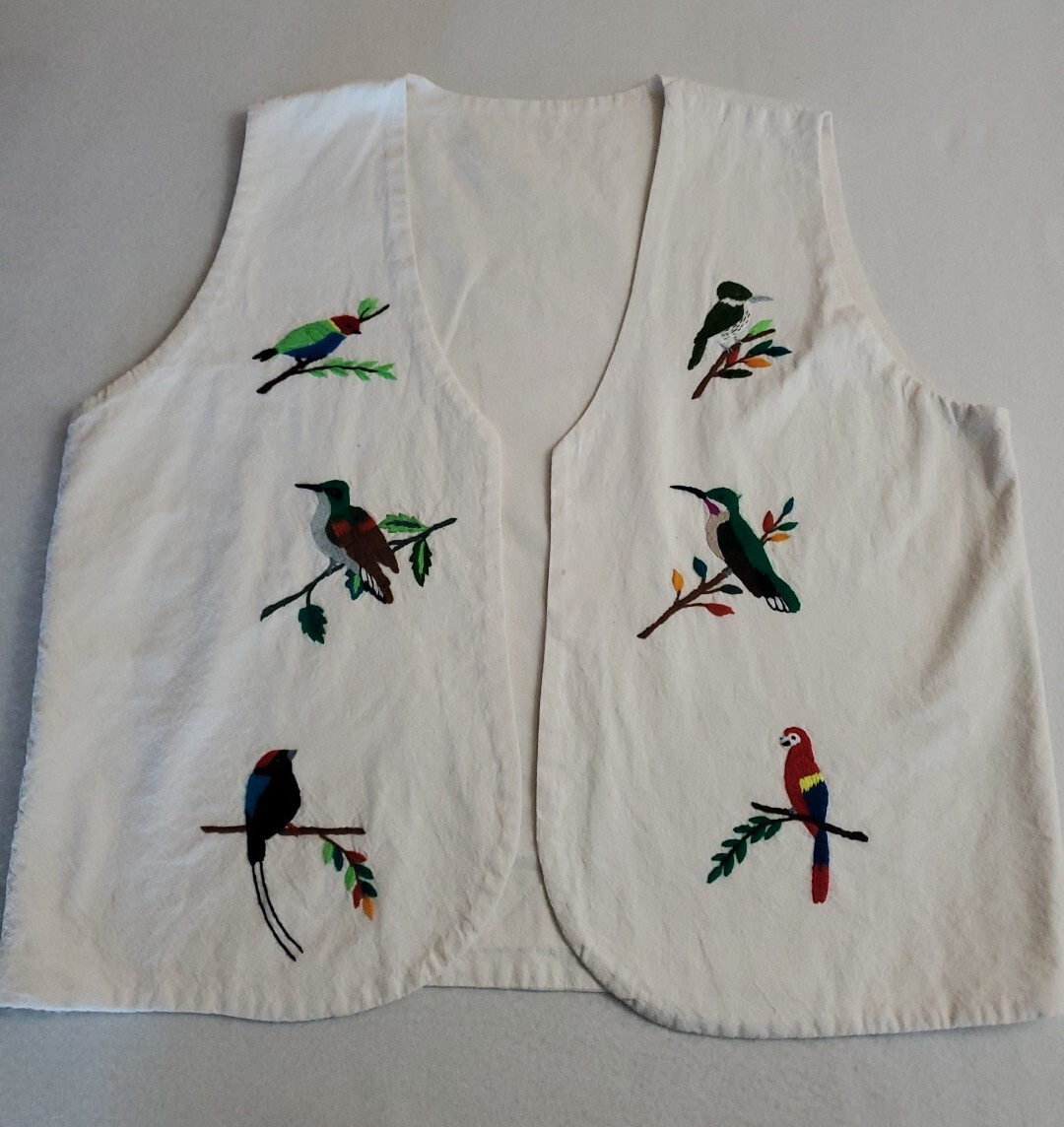 Vtg Handmade Vest Bird Embroidered Applique Womens Sz XL Cottagecore Art