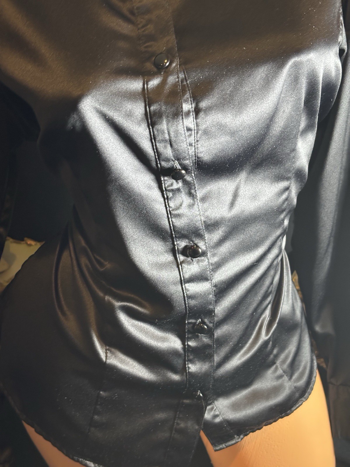 Satin Shiny CUFFS Shirt Notch Collar OFFICE BUTTON UP BLOUSE 12
