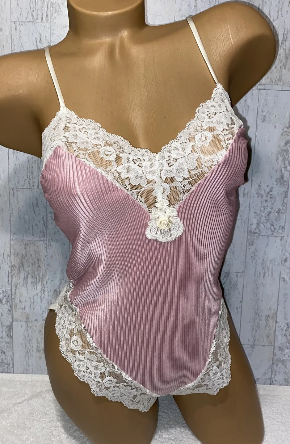VTG Teddy DELICATES Nylon Lace Body Play Suit One Piece Corset Top Romper #L77