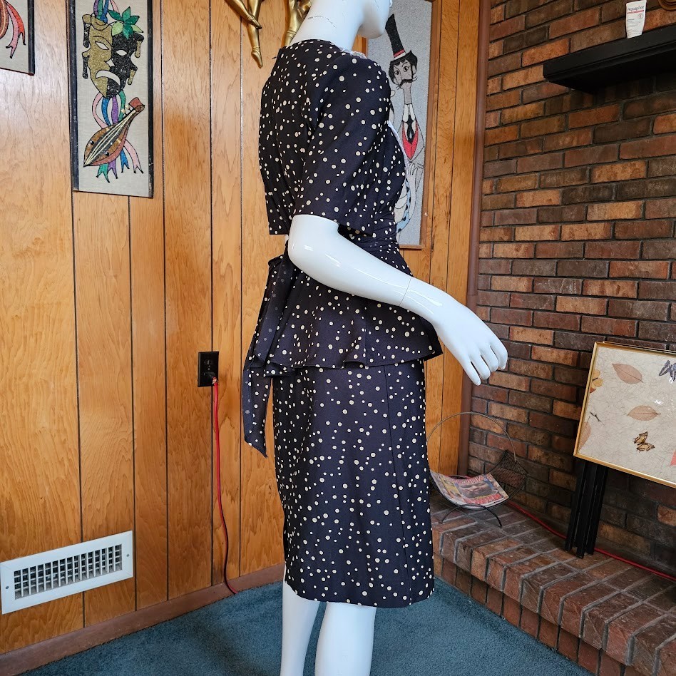 Vintage 80s New Wave Granny Polka Dot Peplum Secretary Lace Bib Day Dress M/L