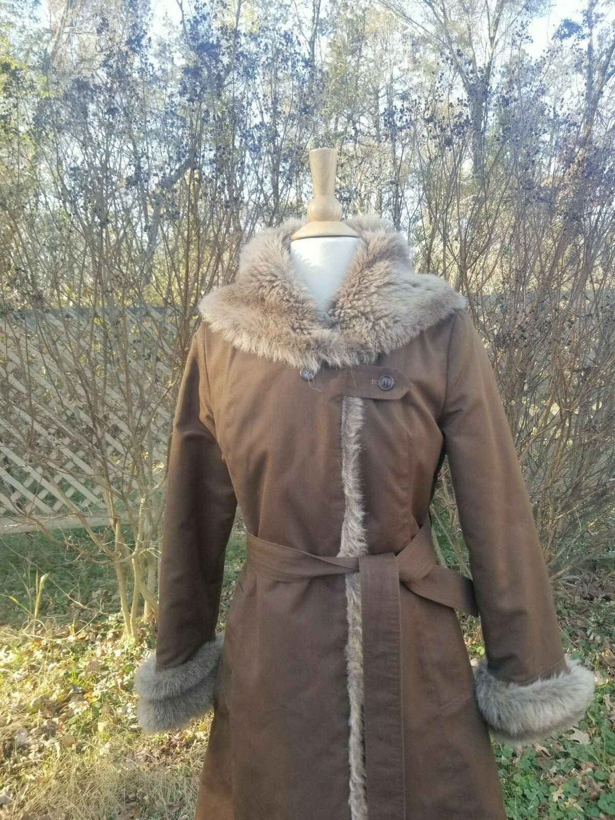 Vibtage 1970s Khaki brown trench robe coat faux fur lining hooded belted fits S