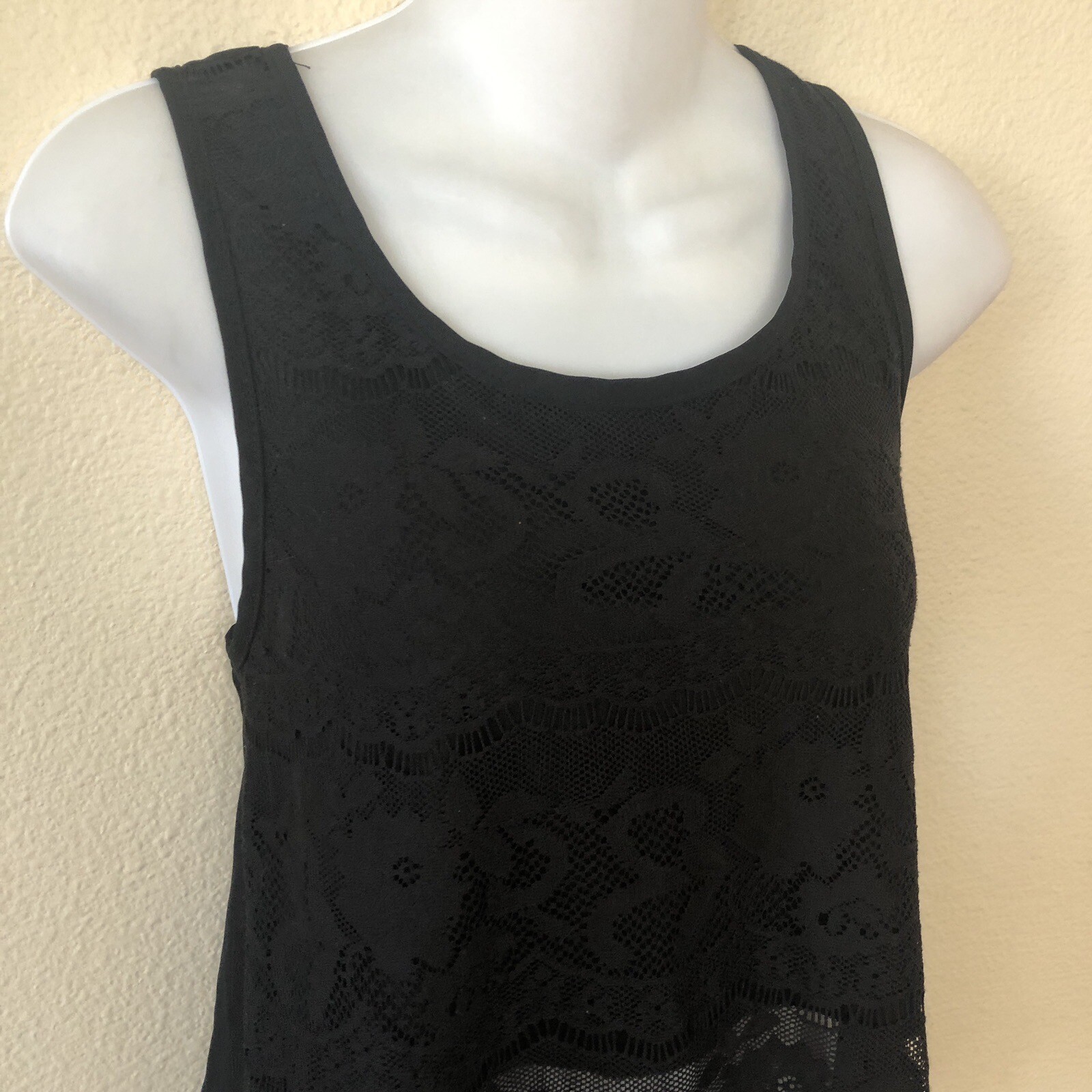 Vtg 90’s Y2K Black Mesh Lace & Crochet Tank Top Grunge Rock Goth Sz M Split Back