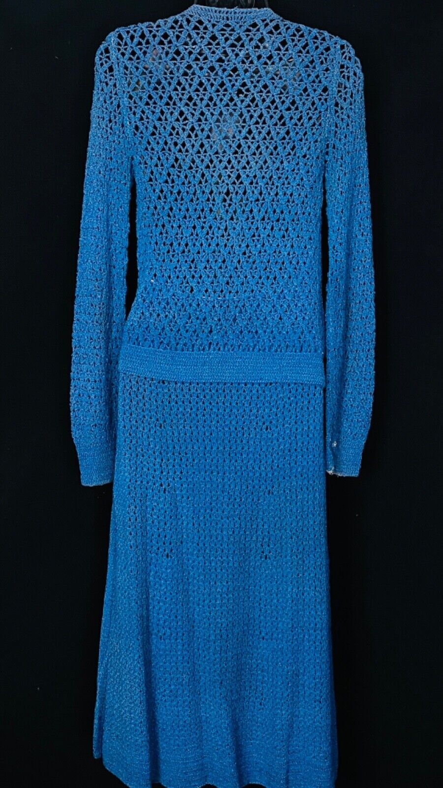 Vintage 1930s blue knit dress set, skirt long sleeve 1940s sweater outfit S M