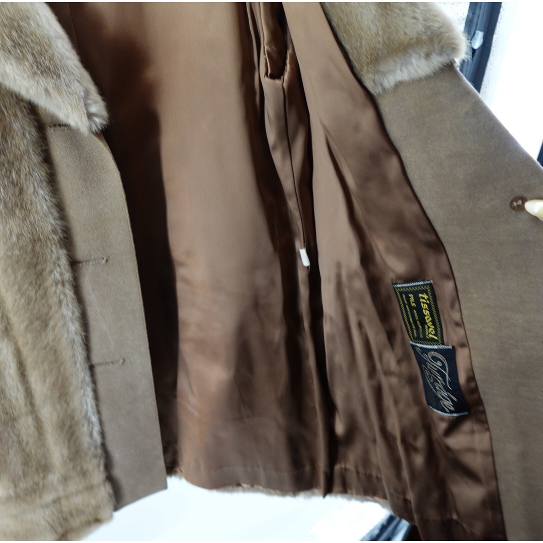 Vintage Furrage Tissavel France Faux Fur Coat Brown Belted Mid Length Jacket