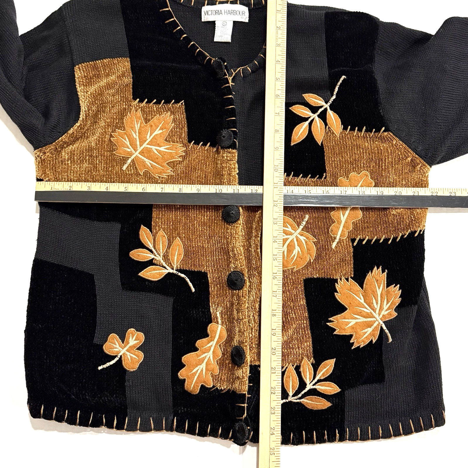 Vintage Victoria Harbour Cardigan Womens XL Fall Leaves Patchwork Stitching Hem