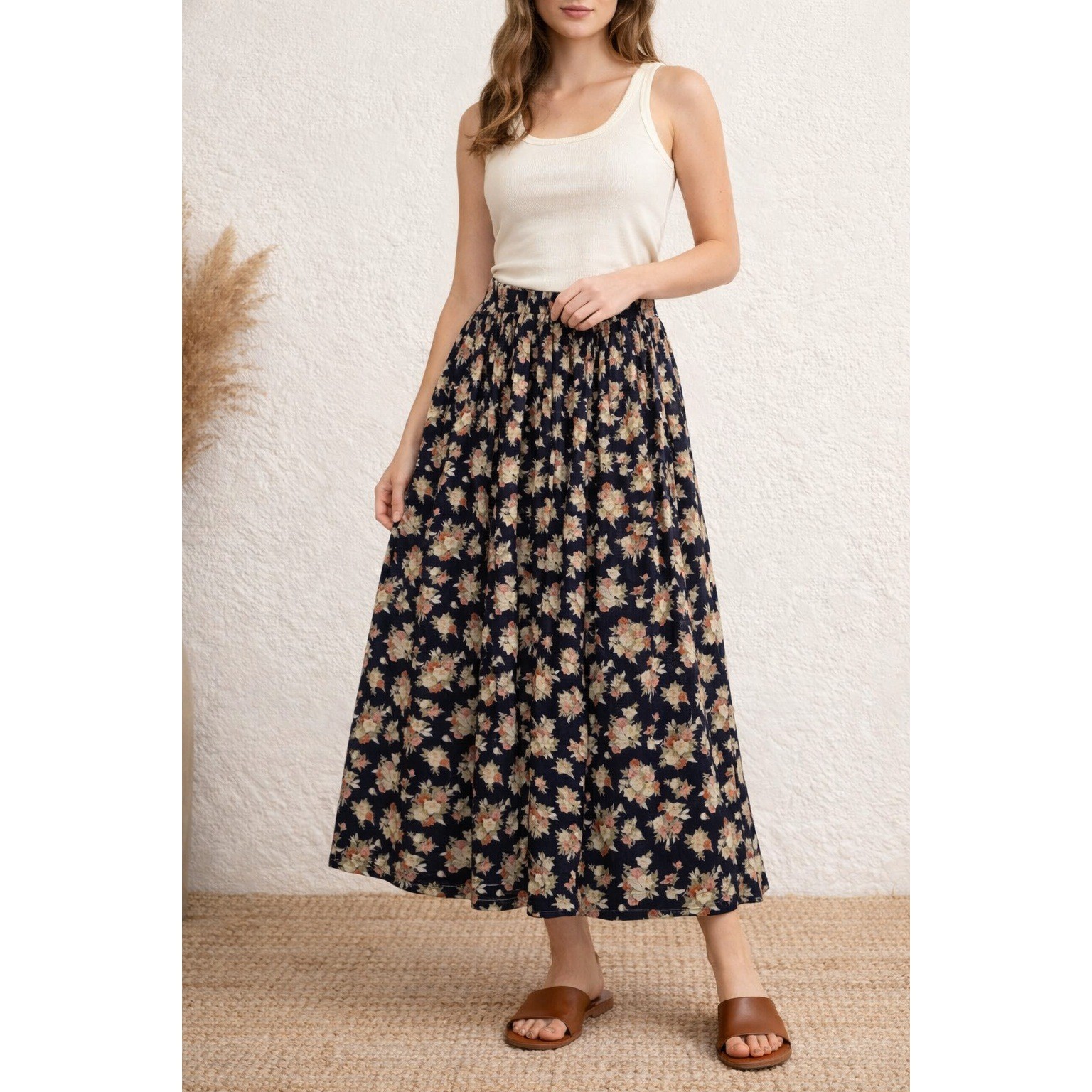 BONJOUR Vtg 90s Floral Bouquet Gathered Maxi Skirt Dark Romantic Cottagecore M