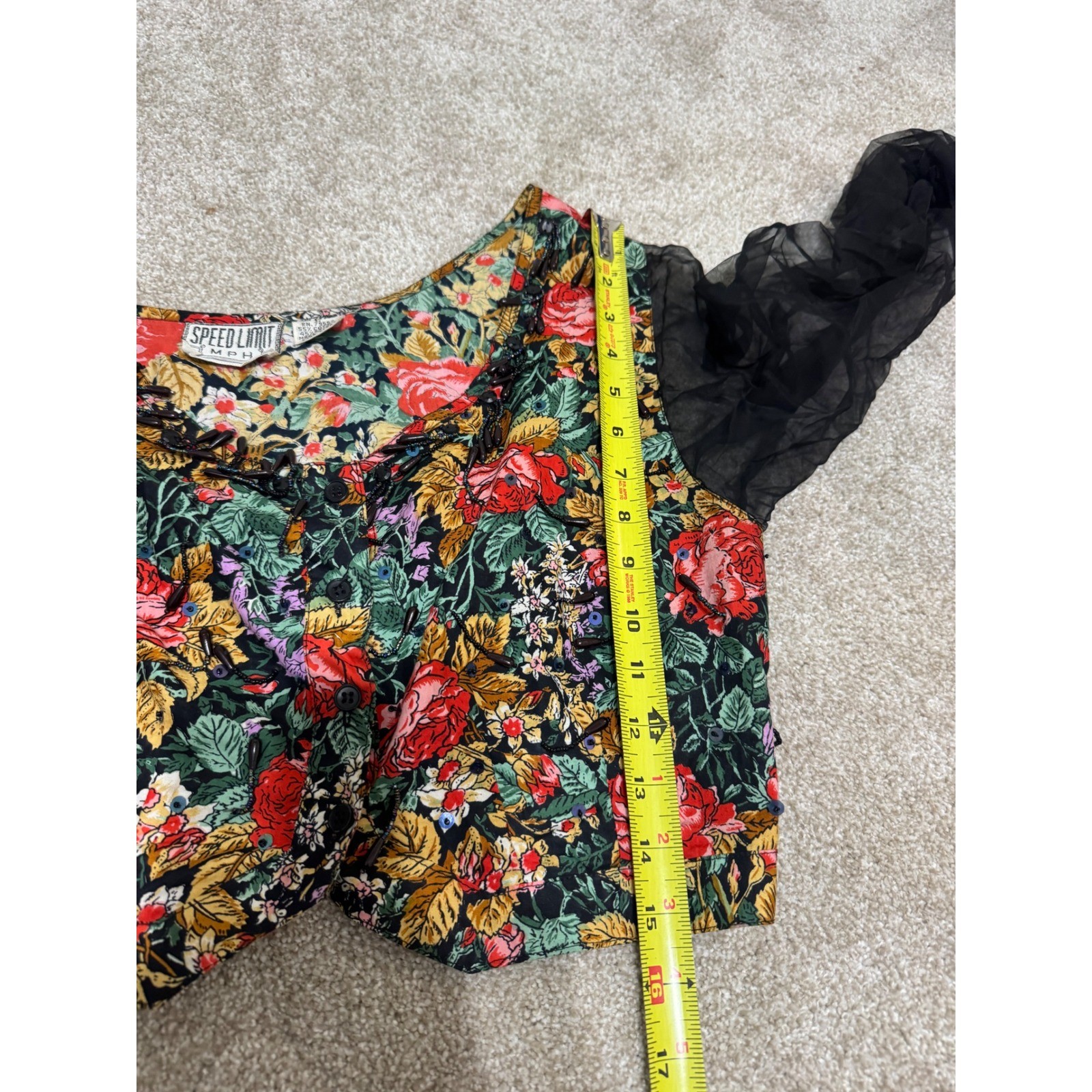 Speed Limit MPH Vintage Floral Beaded Crop Top Sheer Mesh Sleeves Womens Large