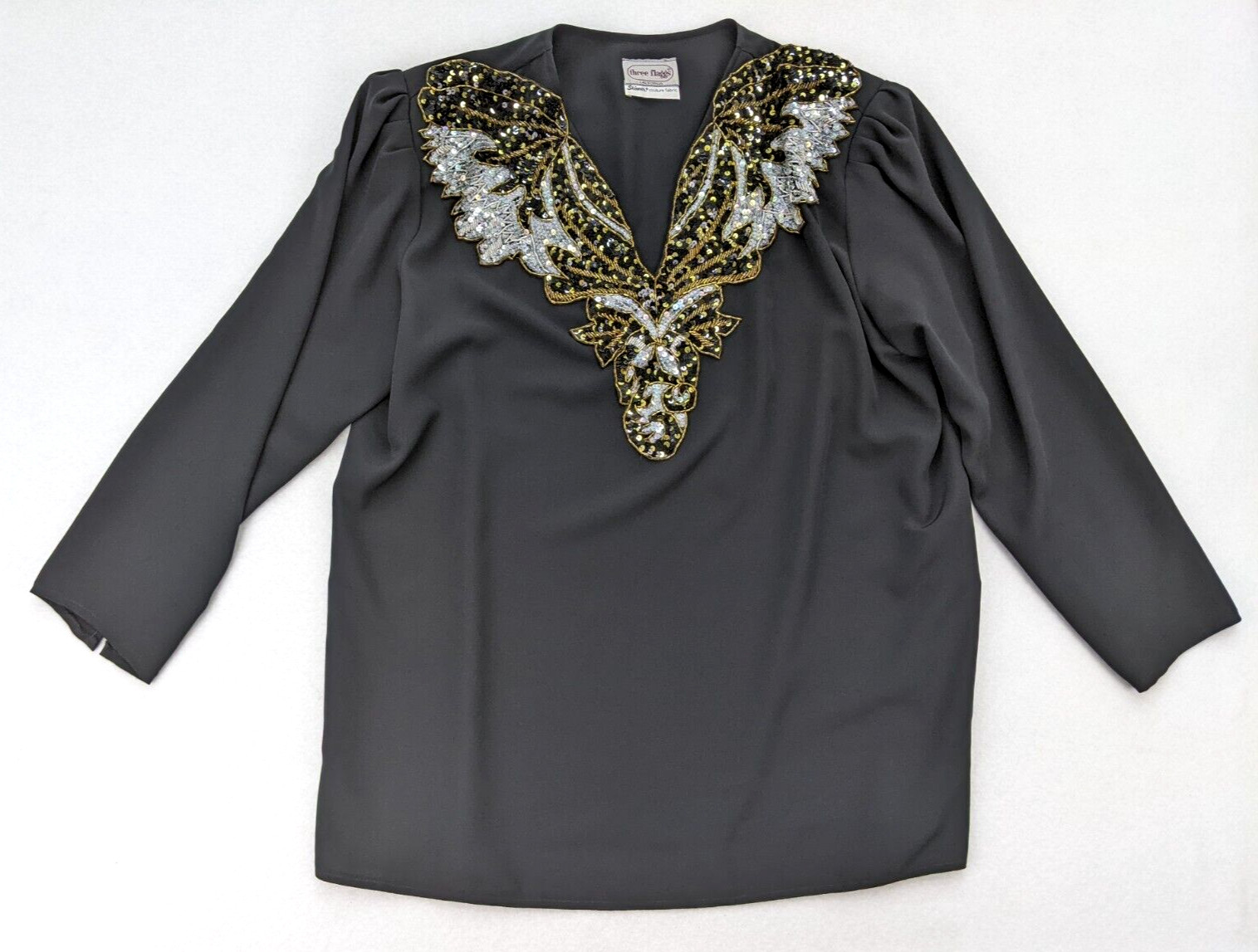 Vintage 80s Top Three Flaggs Size 16 Black Long Sleeve Sequins