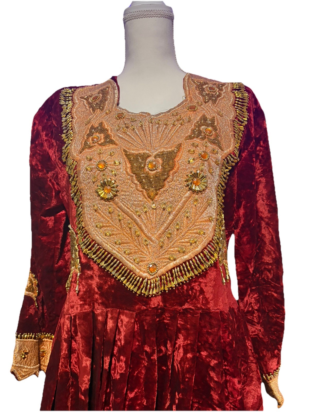 Handmade Women’s Red Velvet Gown Embroidered Beaded 1960’s Vintage Regal Costume