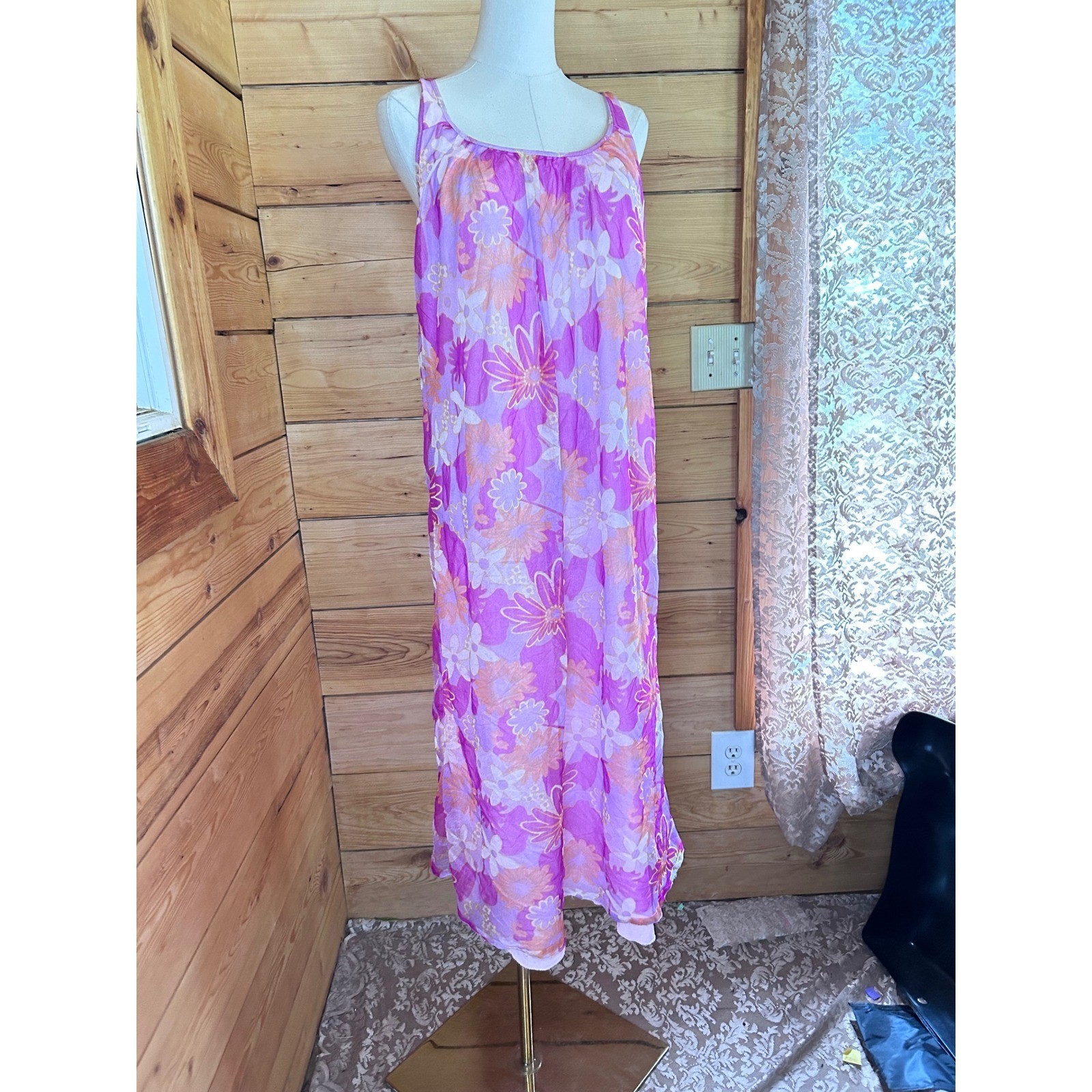 Vintage Nightgown Women Large Purple Pink Floral Psychedeli Sheer Maxi 60s Retro