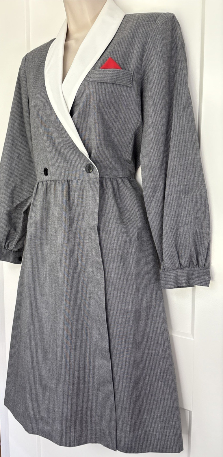 Vintage Grey Pinstripe Dress I Magnin Sz Classic White Collar Red Pocket Scarf