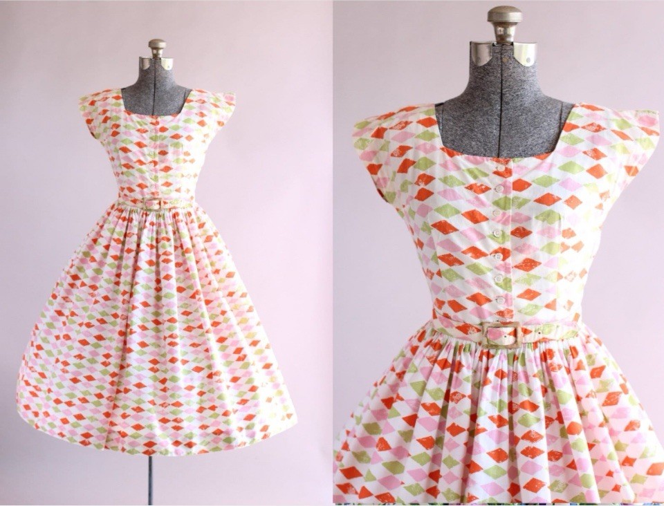 Vintage 1950s Rare Jonathan Logan Harlequin Print Dress XS/S