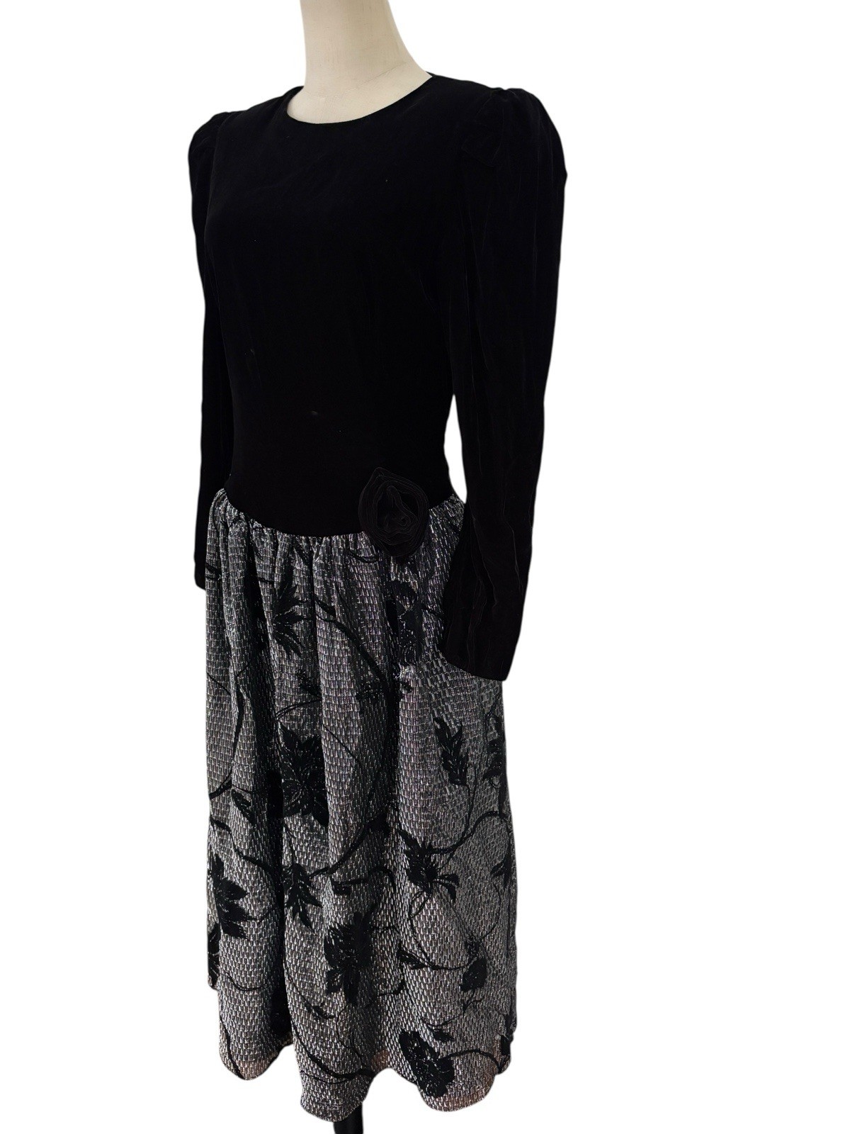 Vtg Cachet By Bari Protas Black Velvet & Metallic Silver Floral Skirt Dress Sz M