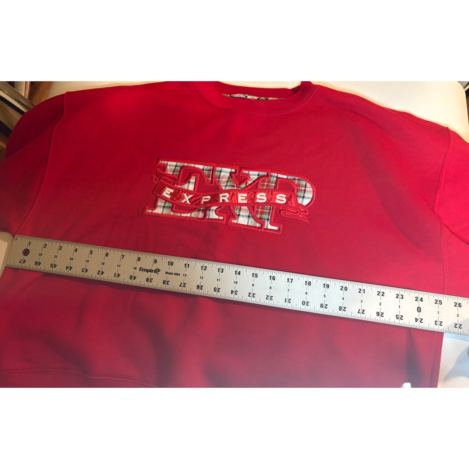 Vintage 90s Express EXP Sweatshirt Red Plaid Tartan Embroidered Logo Medium