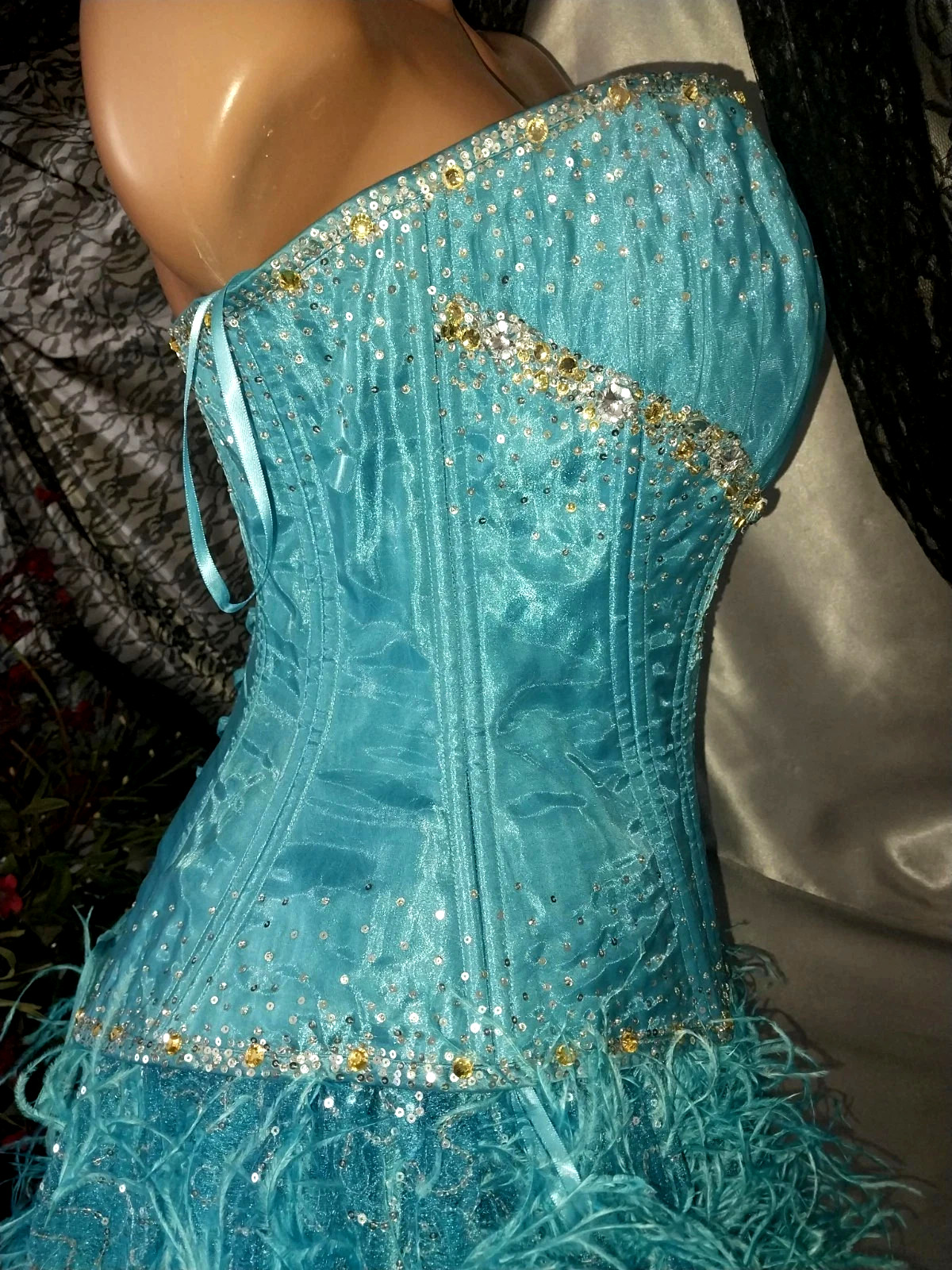 VTG Satin Burlesque Corset SHOW GIRL Skirt Set Drag AVANT La Cage Blue Dress