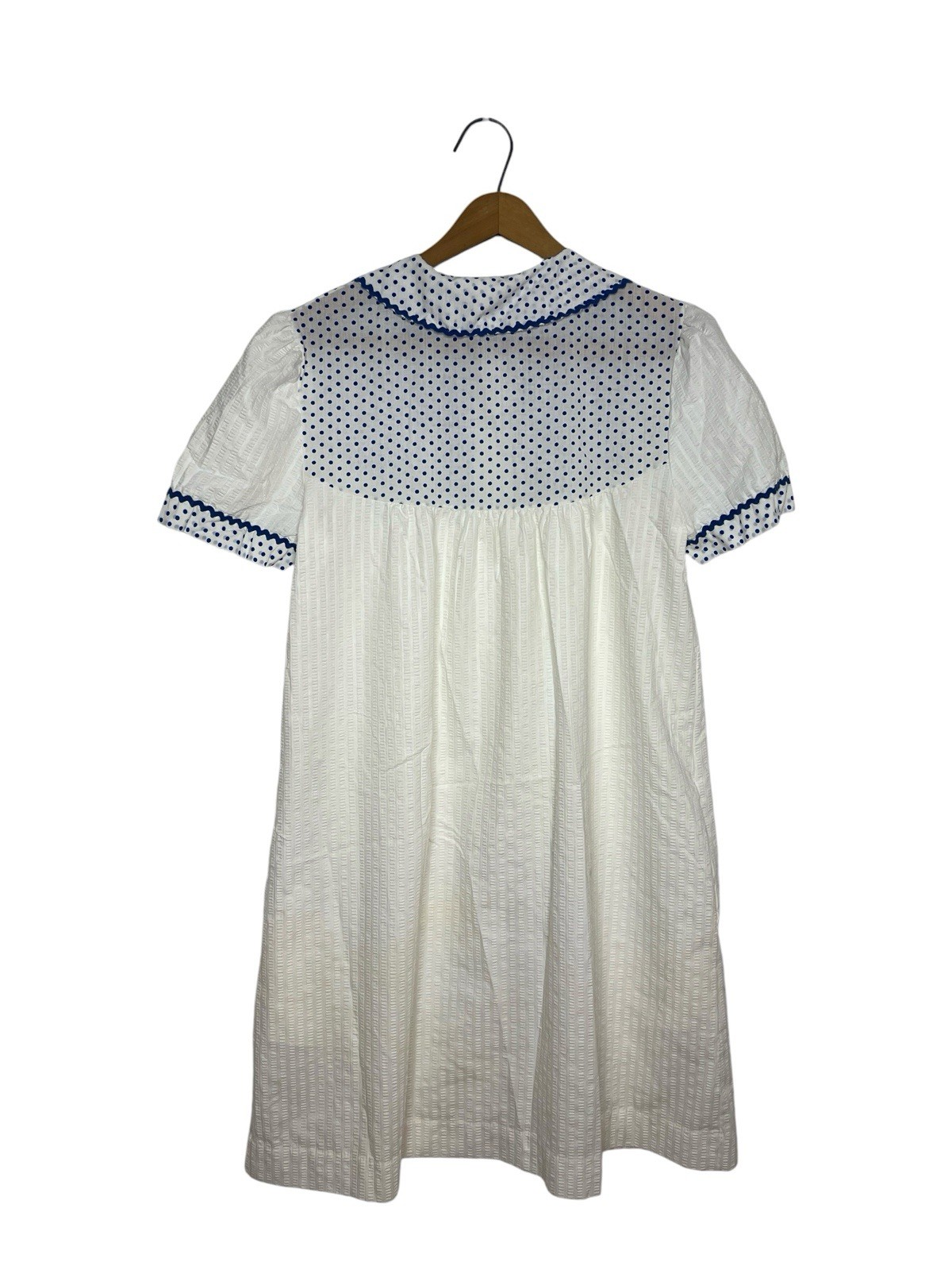 Vintage Nightgown House Dress White Blue Polka Dot Rick Rack Peter Pan Collar