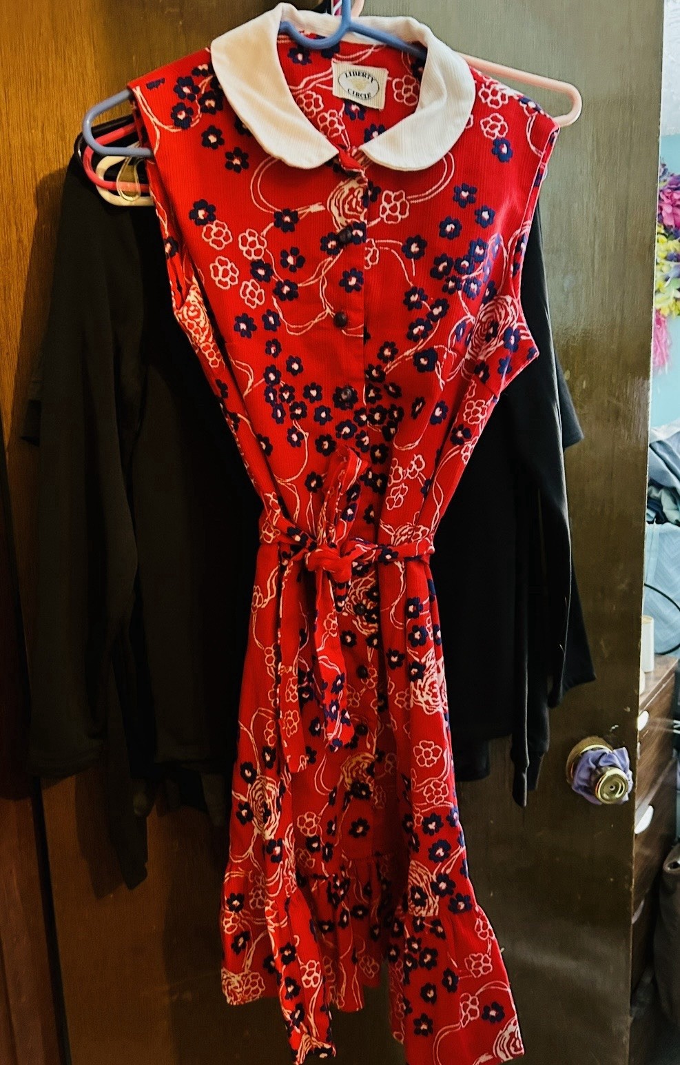 Vintage 60s Liberty Circle Red and Blue Floral Button Up Dress & Matching Belt