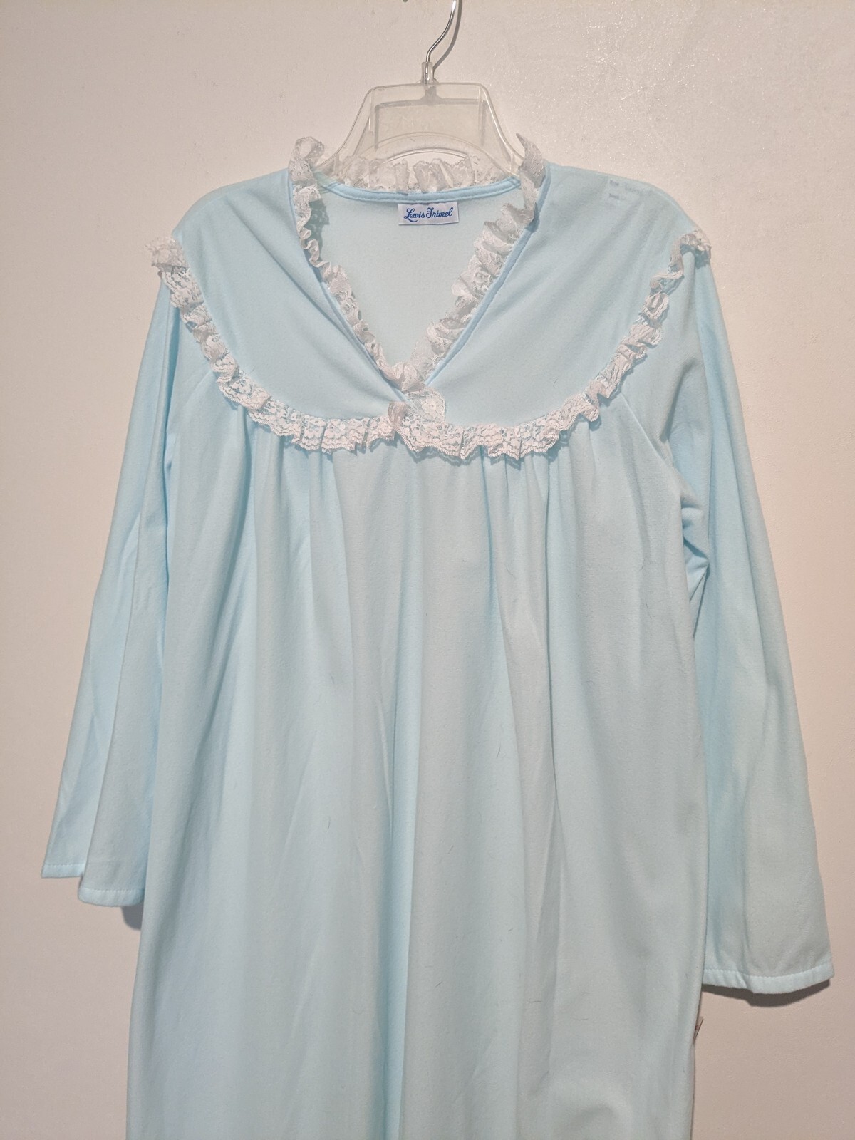 NOS Light Blue Nightgown Vintage 80s L High Neck Modest Lace Trim Full Length
