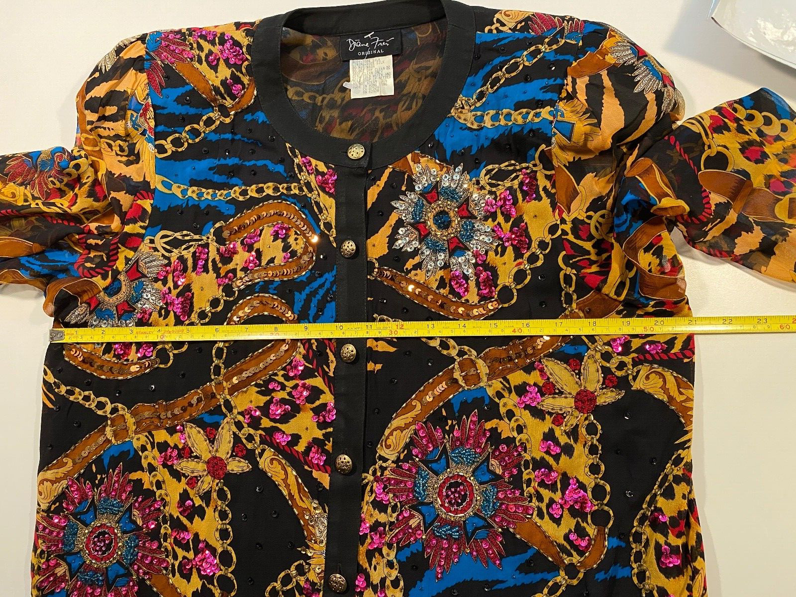 Vintage Diane Freis Women Blouse M/L Silk Bead Sequin Retro Chic Glam Festive