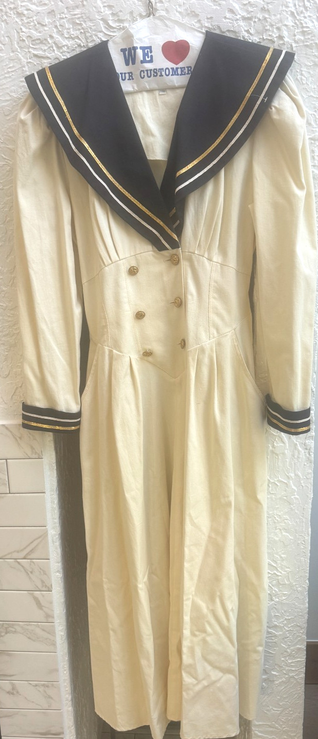 Vintage 80s Sailor Dress Cream Navy Gold Stripe Cotton Midi Nautical Fit & Flare
