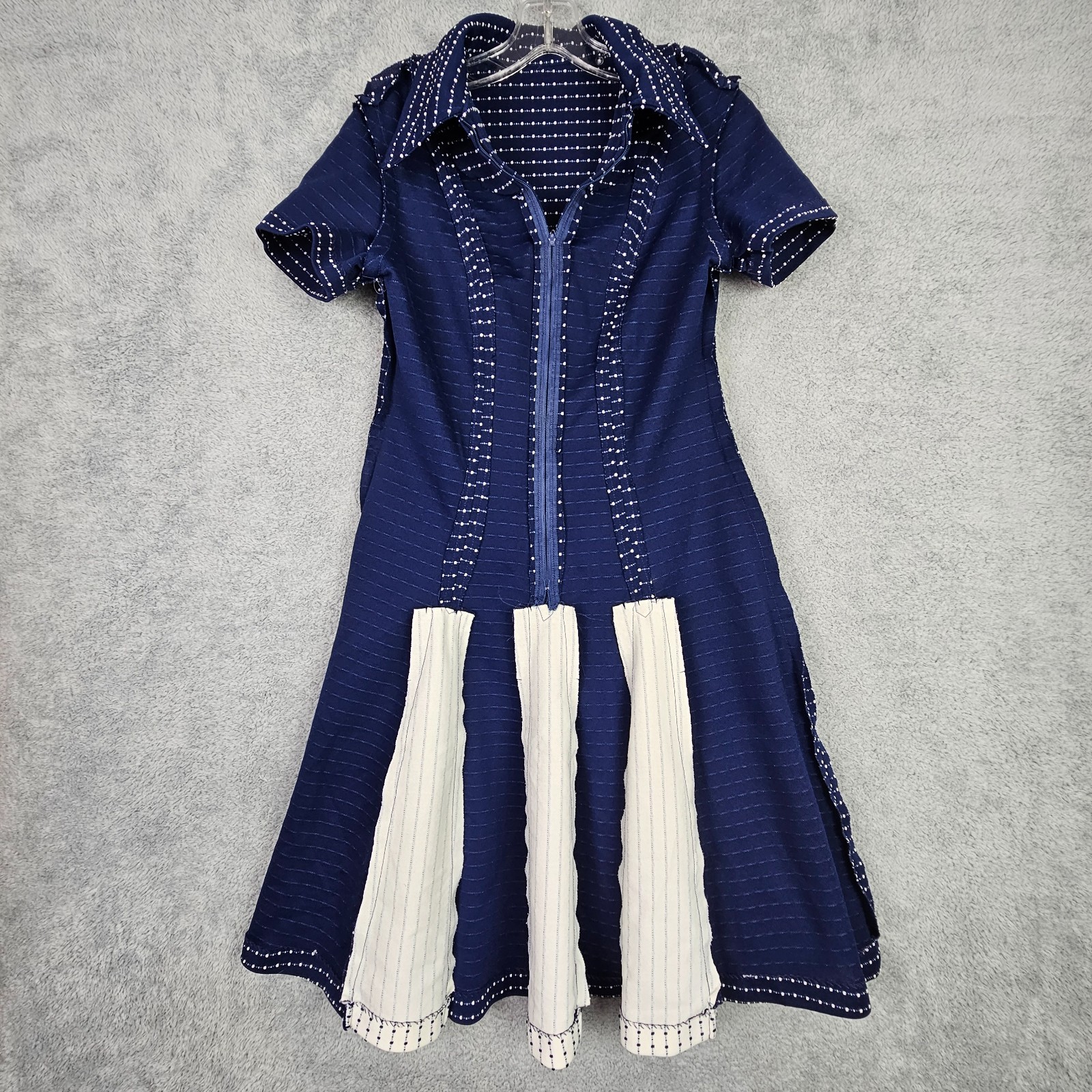 VTG 70s Womens Swing Dress S Blue Collared Zip Up Short Sleeve Inverted Pleats