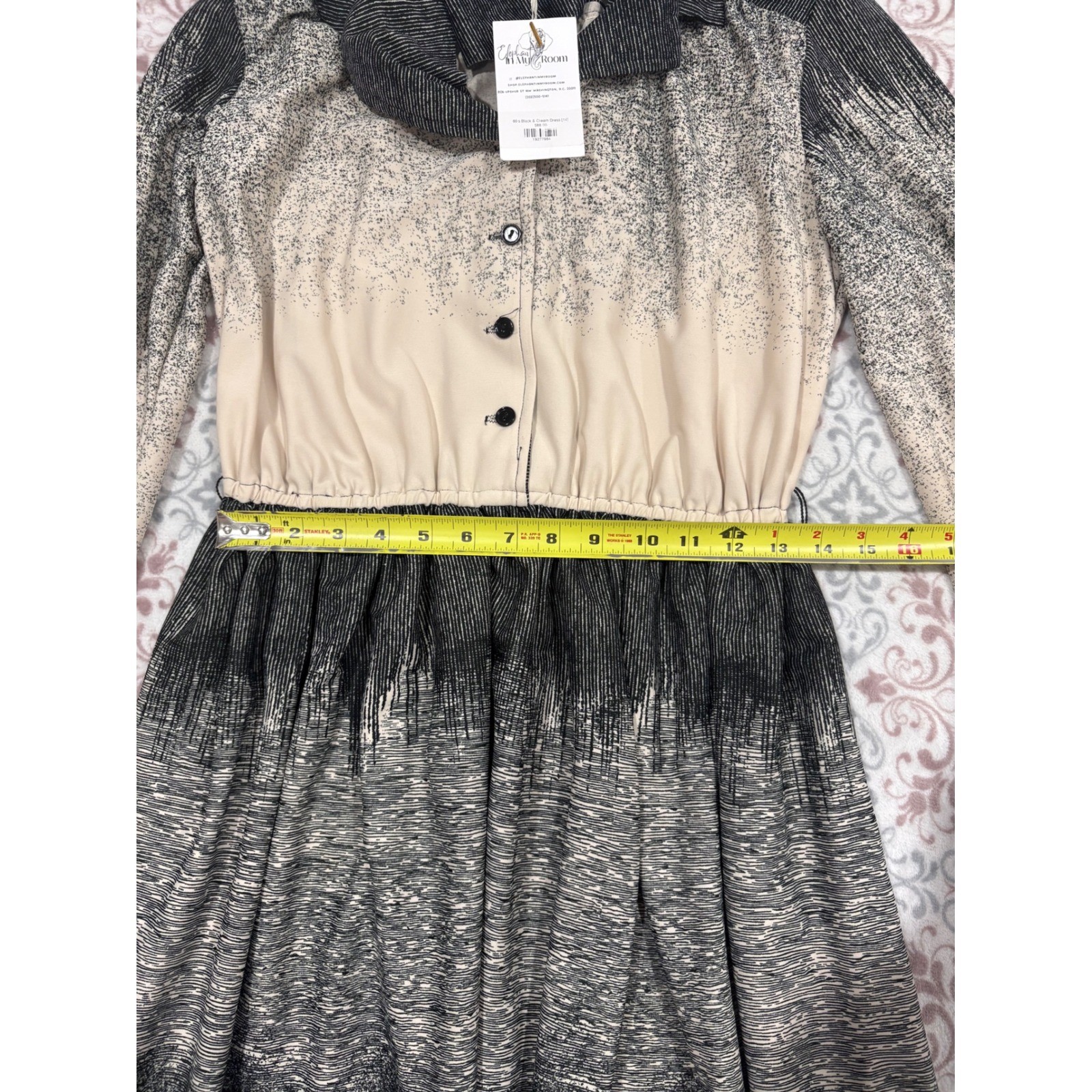 Vintage 60s Black Cream Ombre Gradient Midi Dress Button Front Long Sleeve Sz 14