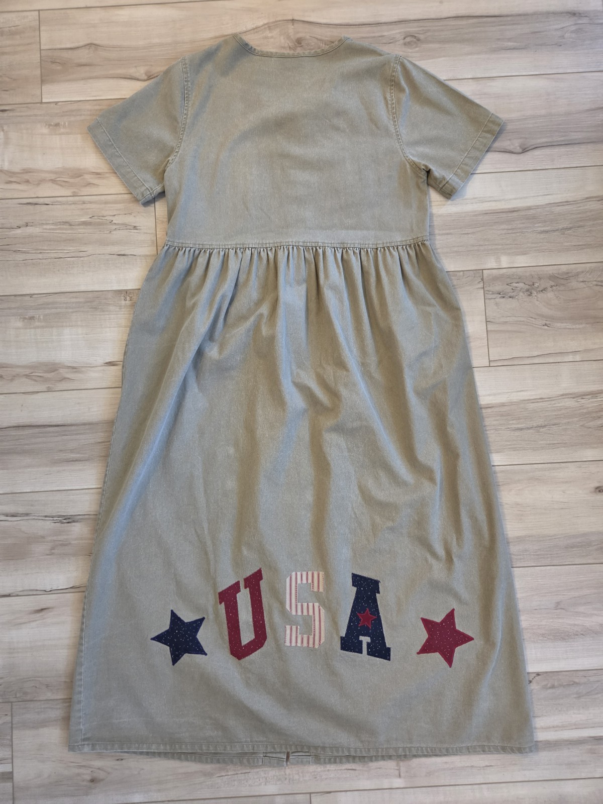 Vintage SUNBELT American Flag Patriotic Denim Dress Women’s Size S Sage Cotton