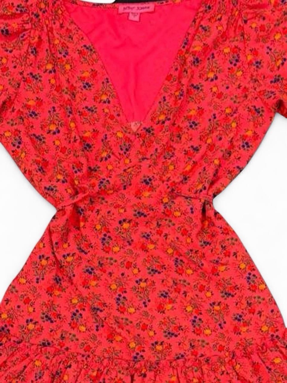 Betsey Johnson Pink Multicolor Floral V-Neck Ruffle Puff Sleeve Dress S