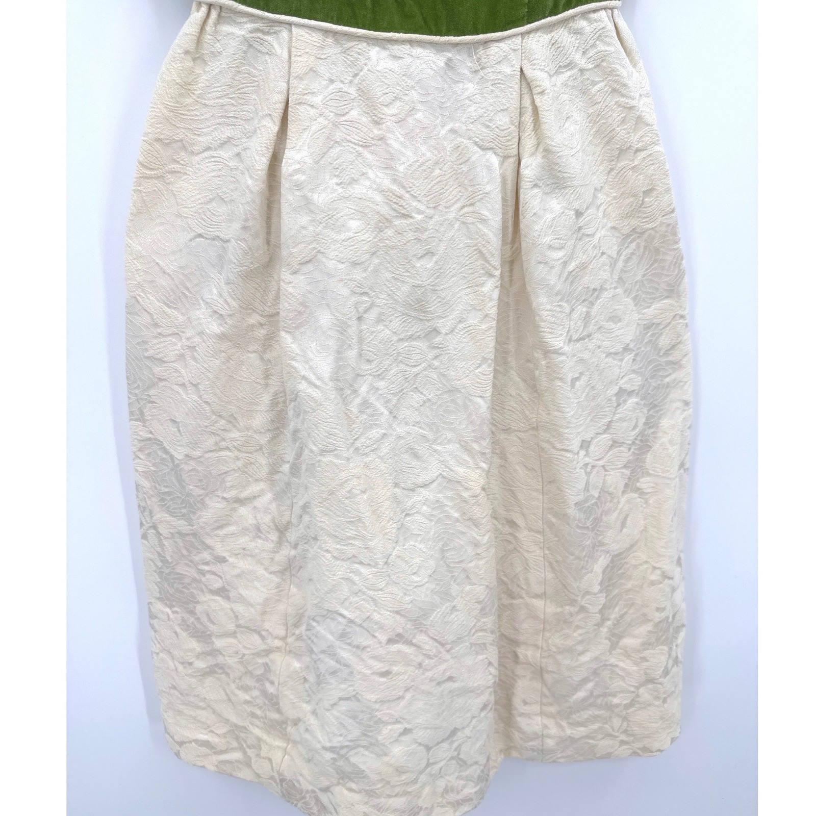 VTG 1960’s Green Velvet Cocktail Dress Cream Floral Brocade Luxury Rockabilly