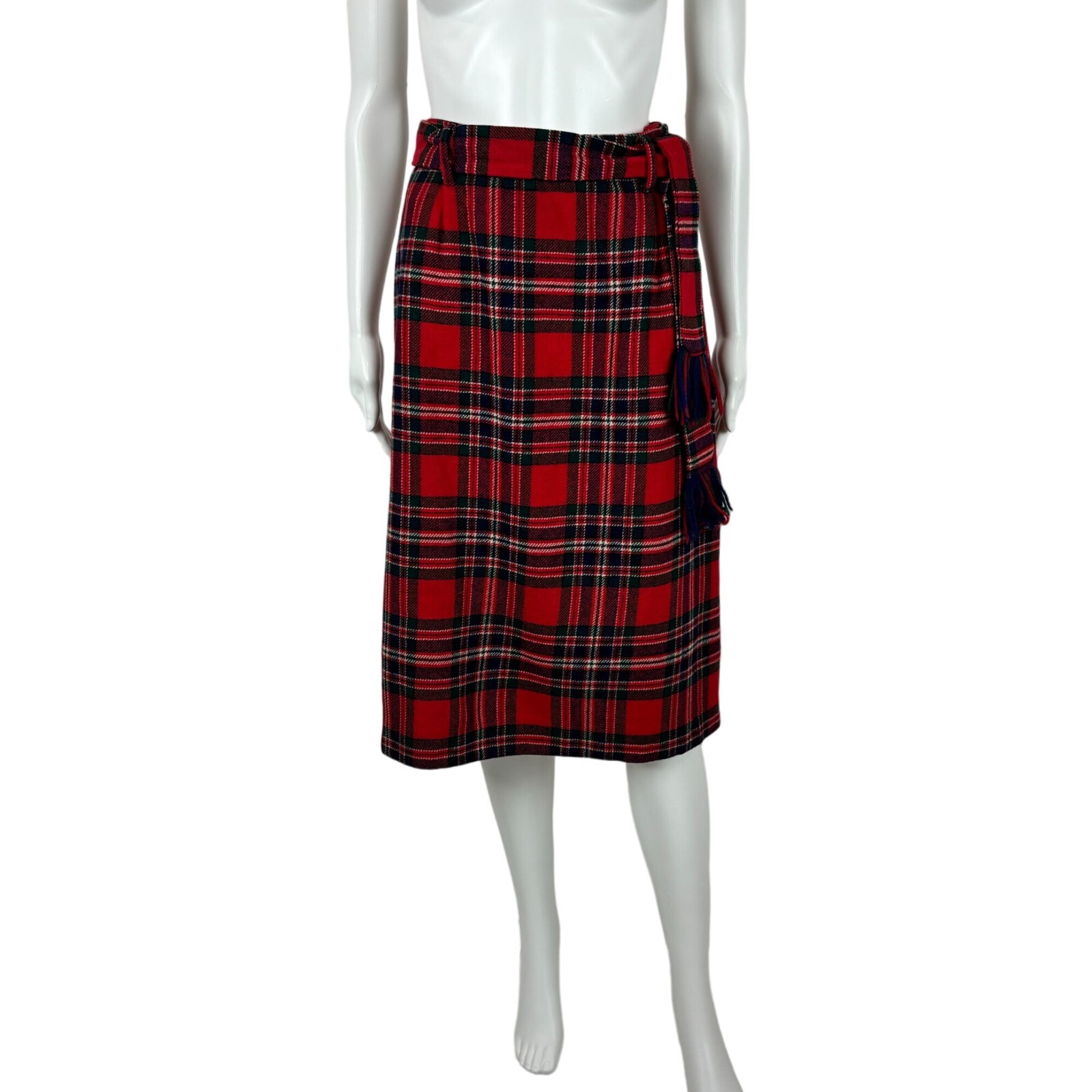 Vintage 70s Tartan Skirt Women’s XS Red Wool Plaid Fringe Belt Knee Length