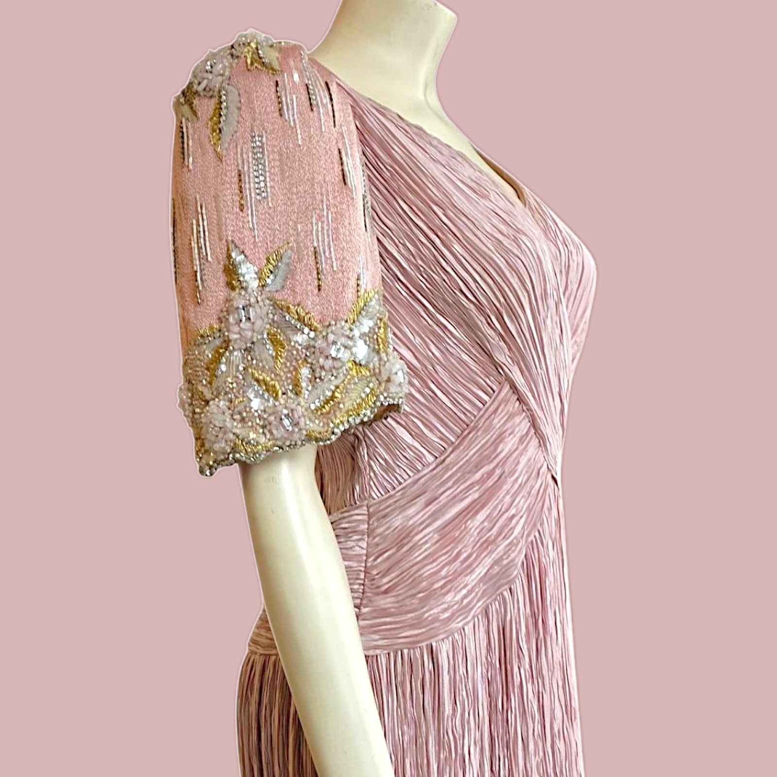 Vintage Mary McFadden Couture Fortuny Style Pleated Gown Blush Nude Pink Small