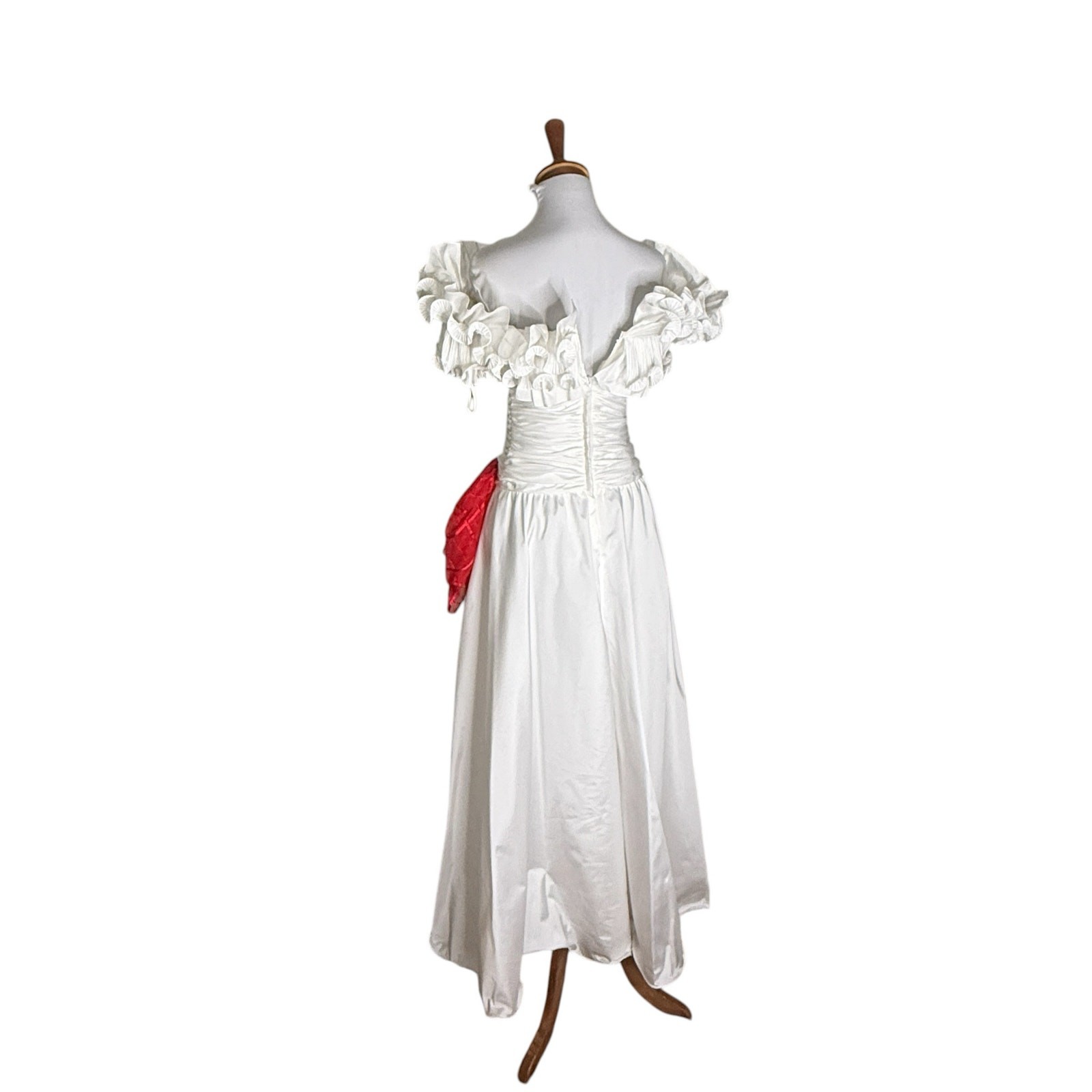 Vintage 80s Alyce Designs White Taffeta Ruffle Prom Formal Dress XS
