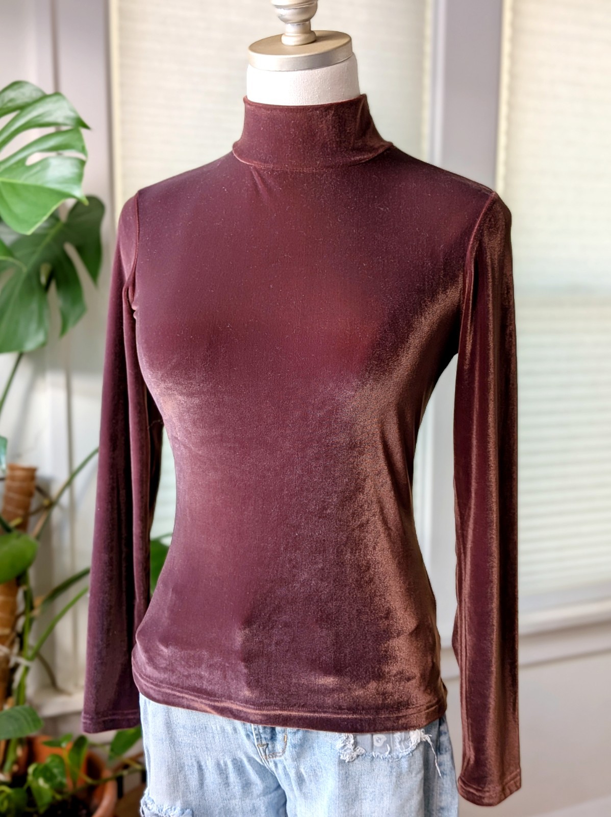 Donna Karan Intimates Women’s Brown Velour Rayon Turtleneck Top S/M