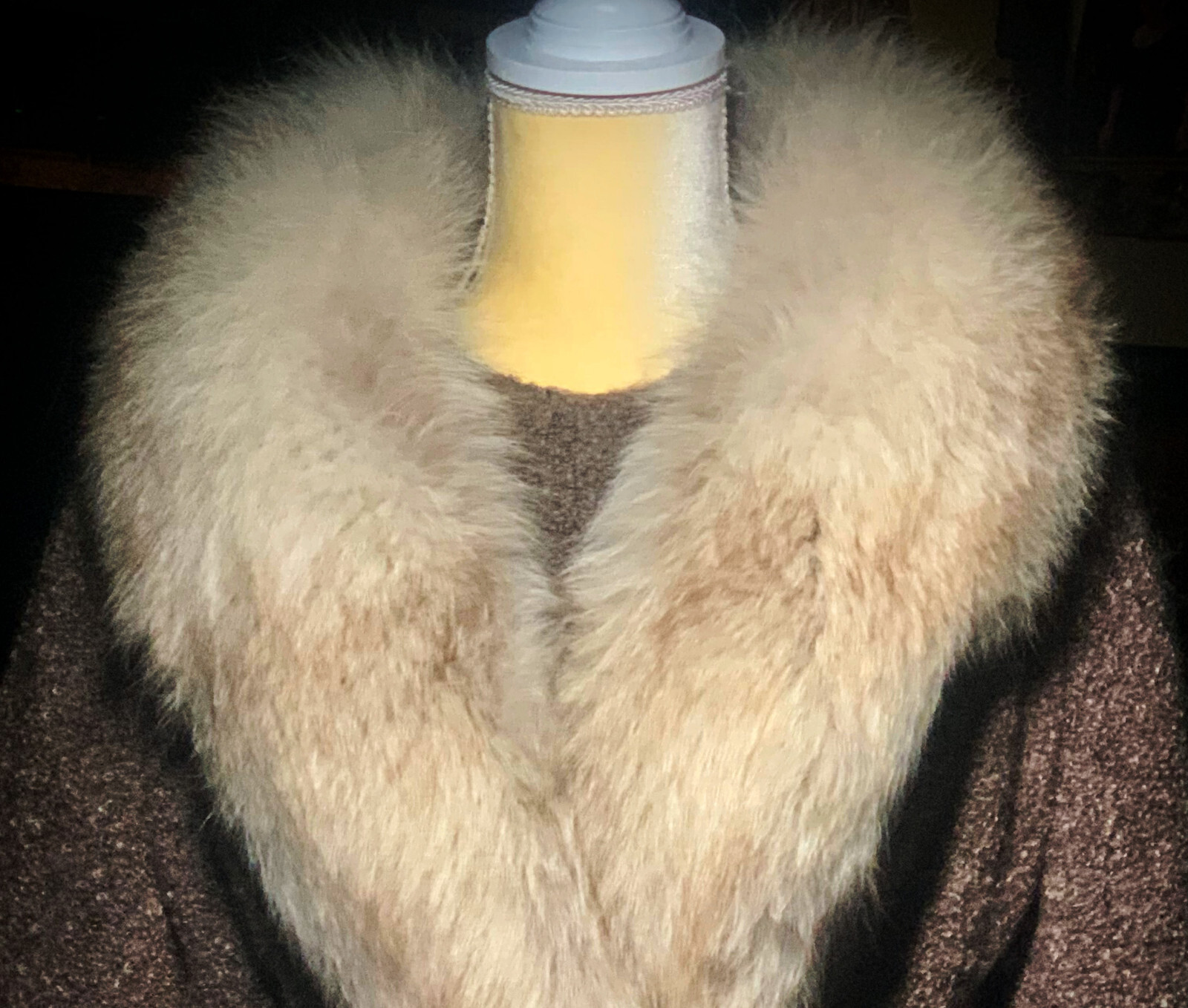 Brown Mocha Wool Boucle Silver Fox Fur Trimmed Belted Coat & matching Dress 8 10