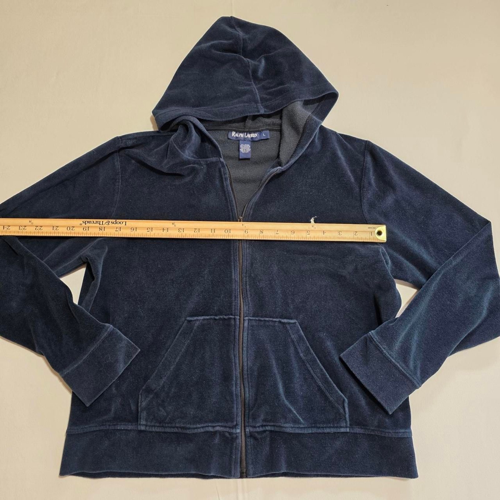 Ralph Lauren deep turquoise/navy color Velvet Zip Up Hoodie pony logo size Large