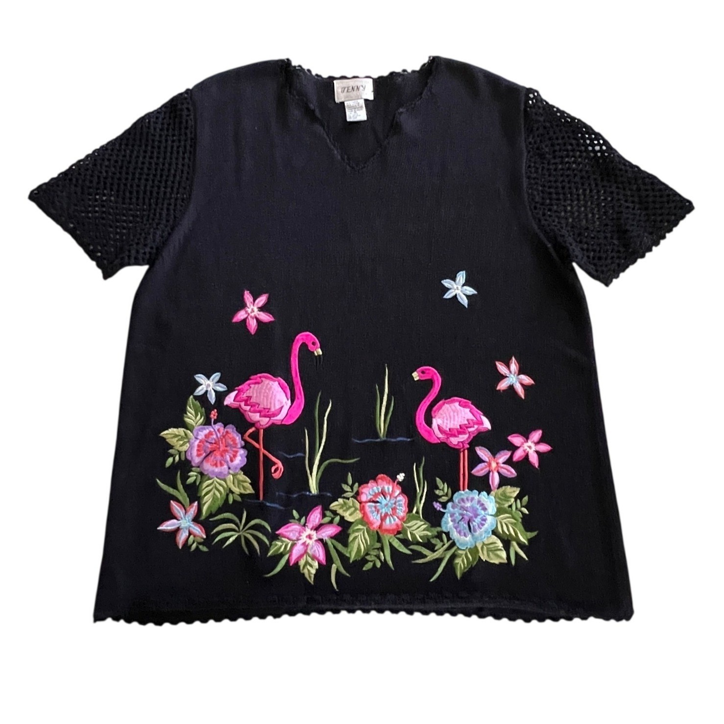 Jenny Flamingo Embroidered Sweater Women XL Black Tropical Crochet Sleeve Top