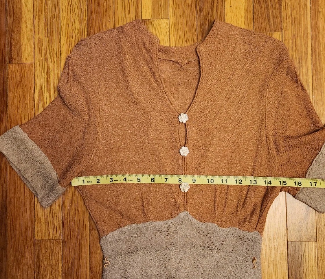 Vintage 1930s Two Tone Tan Knit Rayon Dress S