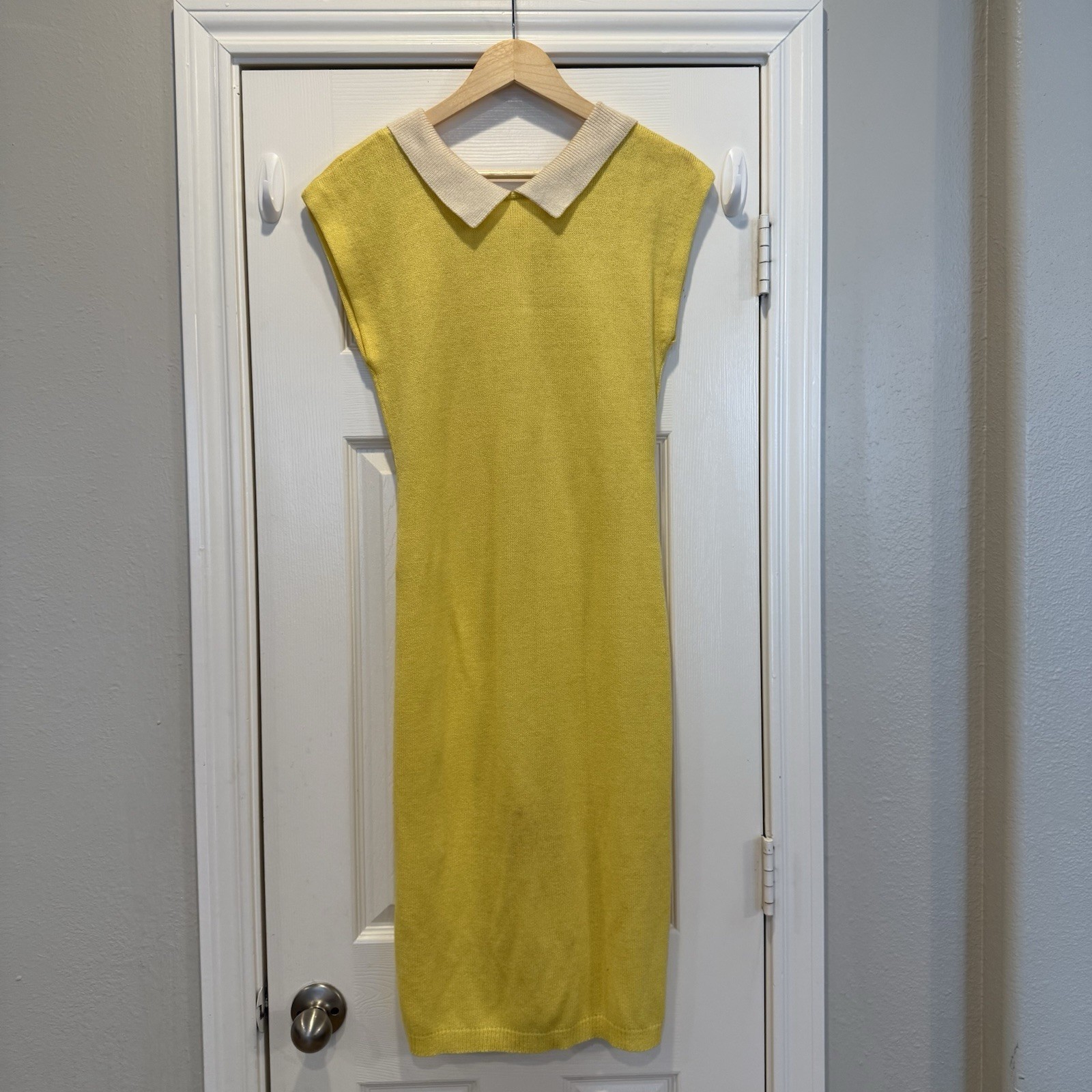 Vintage 60s Midi Knit Dress Women’s Small Yellow Cream Button Up Collar Feminine