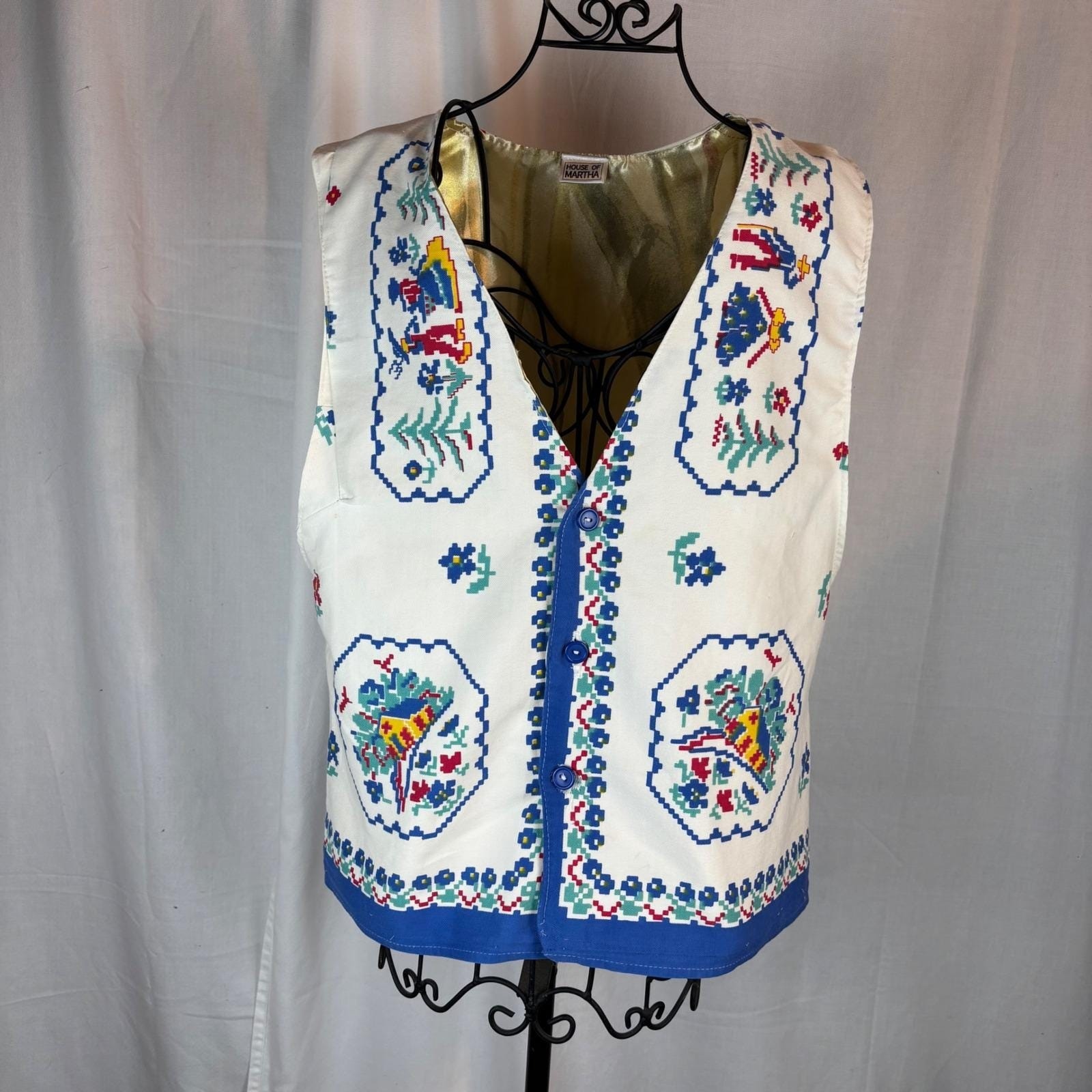 Vintage Handmade Upcycled Folk Art Cross Stitch Print Vest White Blue Gold Lined
