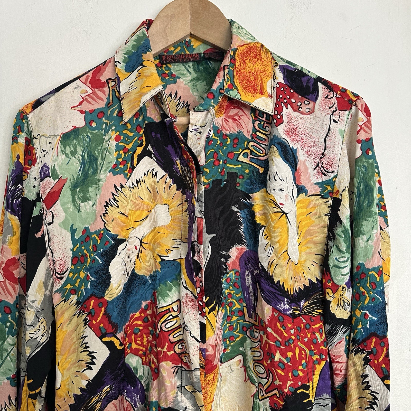 Vintage 80s Jerri Sherman Collection Silk Colorful Moulin Rouge Blouse Size 8