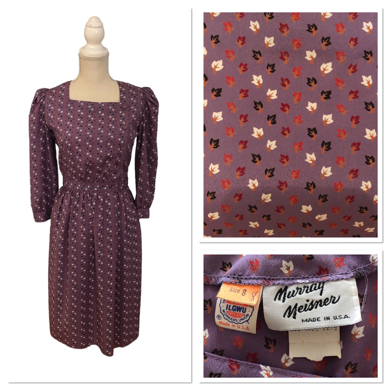 Vintage Murray Meisner Dress Plum Purple Fall Leaf Leaves Design XS Union Made