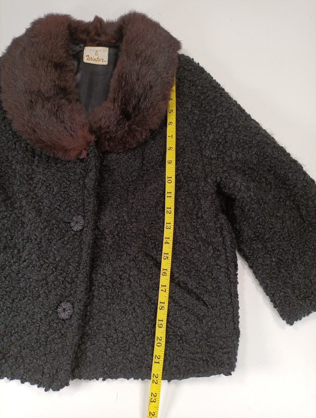 Vintage Black Curly Lamb Crop Jacket with Fur Collar Swing S/M