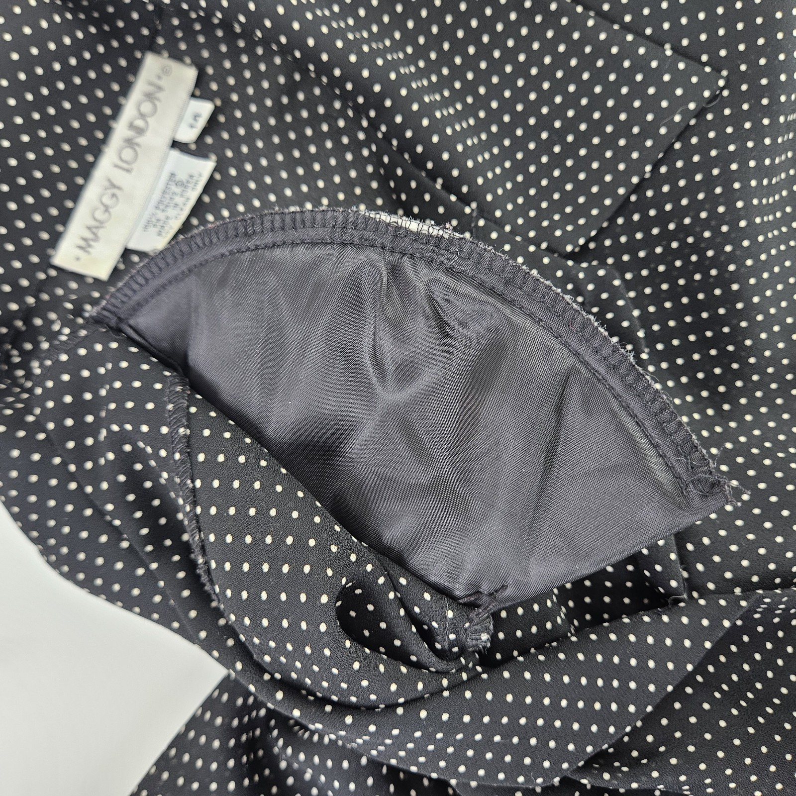 Vtg 80s/90s Maggie London Black White Polka Dot Blouse Shoulder pads L Sheer MOP
