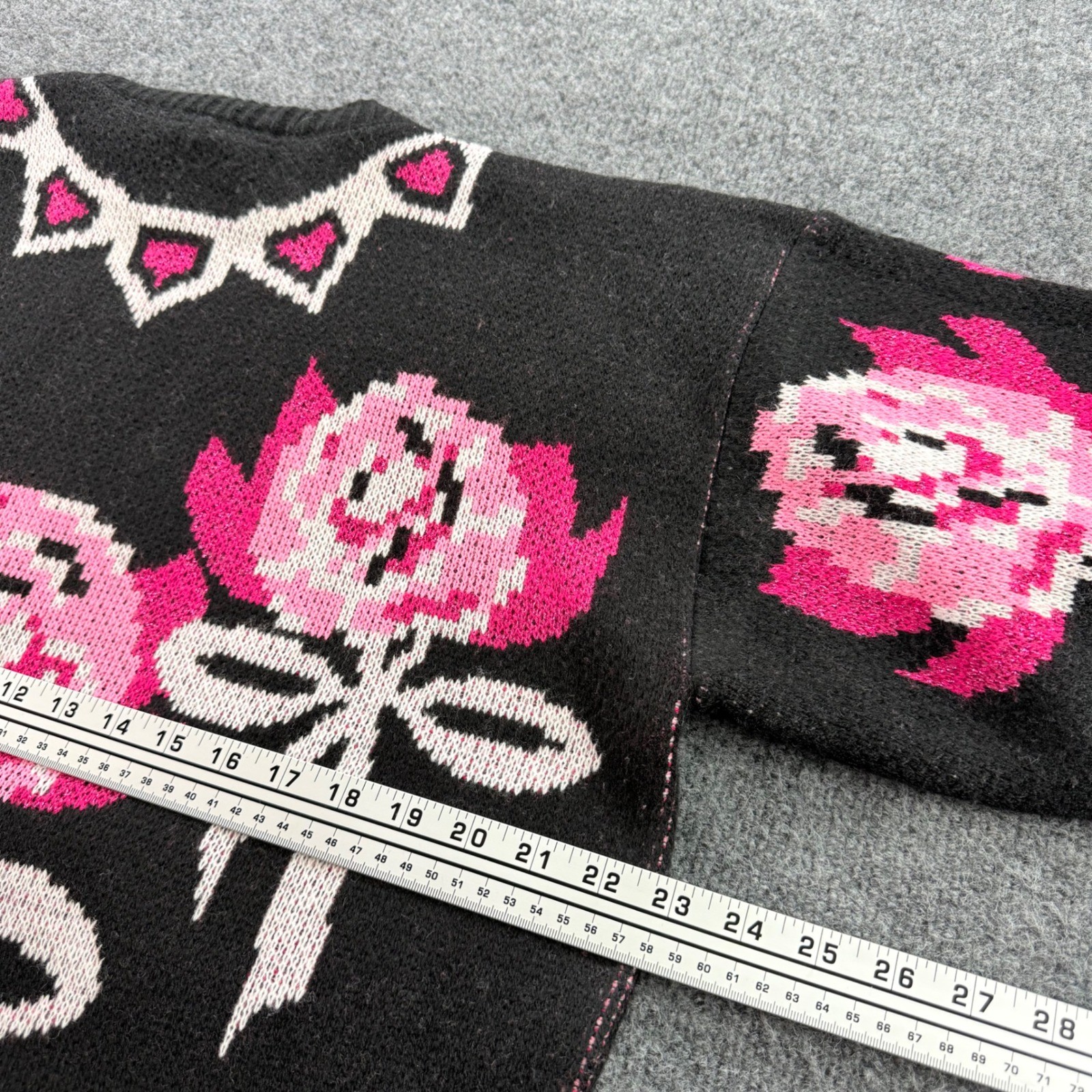 Precious Knits Sweater Vintage Floral Rose Bow Pink Black USA Made 42/22W Womens